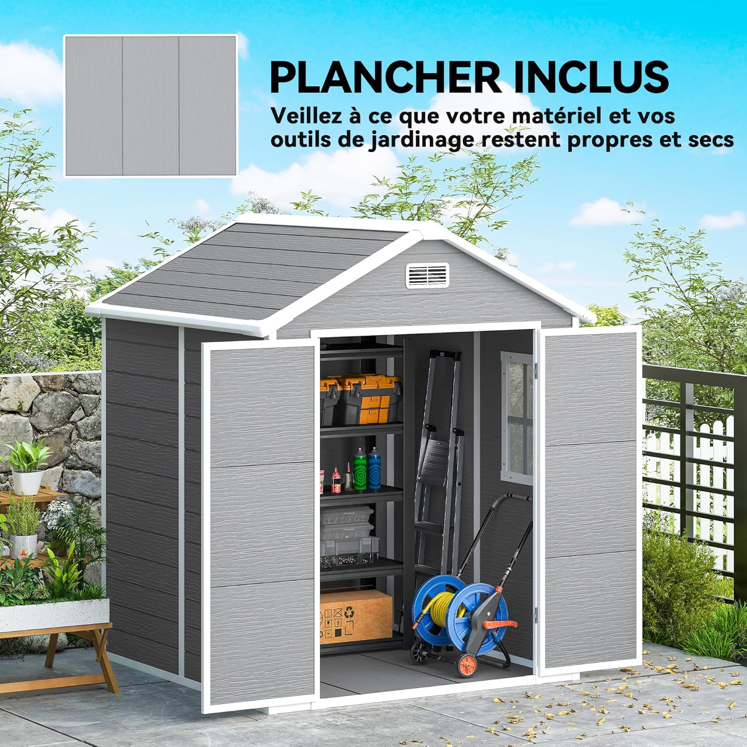 Outsunny Abri de Jardin en résine 2,7 m² avec Plancher Structure en Aluminium 182 x 151 x 219 cm, cabane de Jardin cabanon Rangement Outils Portes avec Serrure et clés 3 fenêtre, Gris Global Recycled Standard