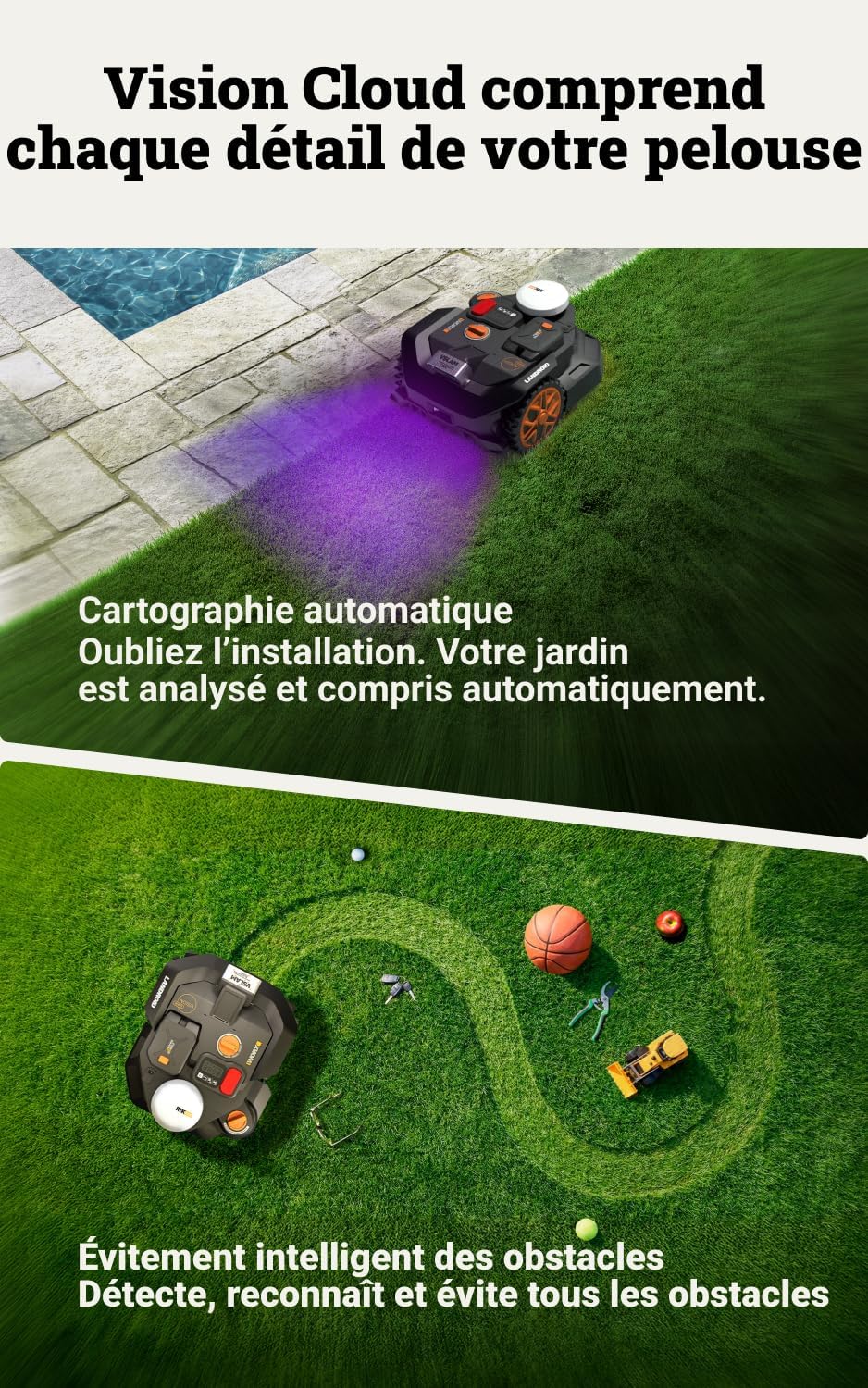 WORX - robot tondeuse Vision Cloud 2WD - 600 m² - navigation IA avancée WR306E