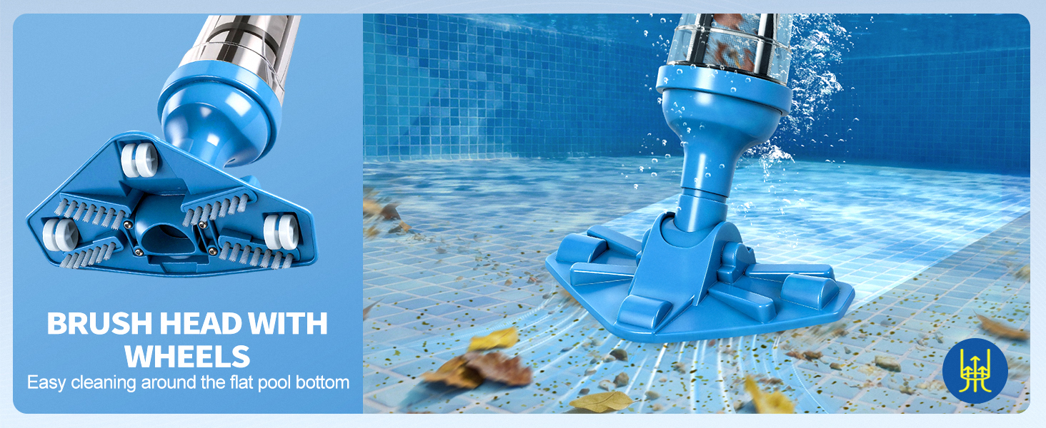 Le texte indique « TÊTE DE BROSSE AVEC ROUES ». Appareil de nettoyage de piscine sous-marine bleu illustré sous plusieurs angles, avec une brosse et des roues.