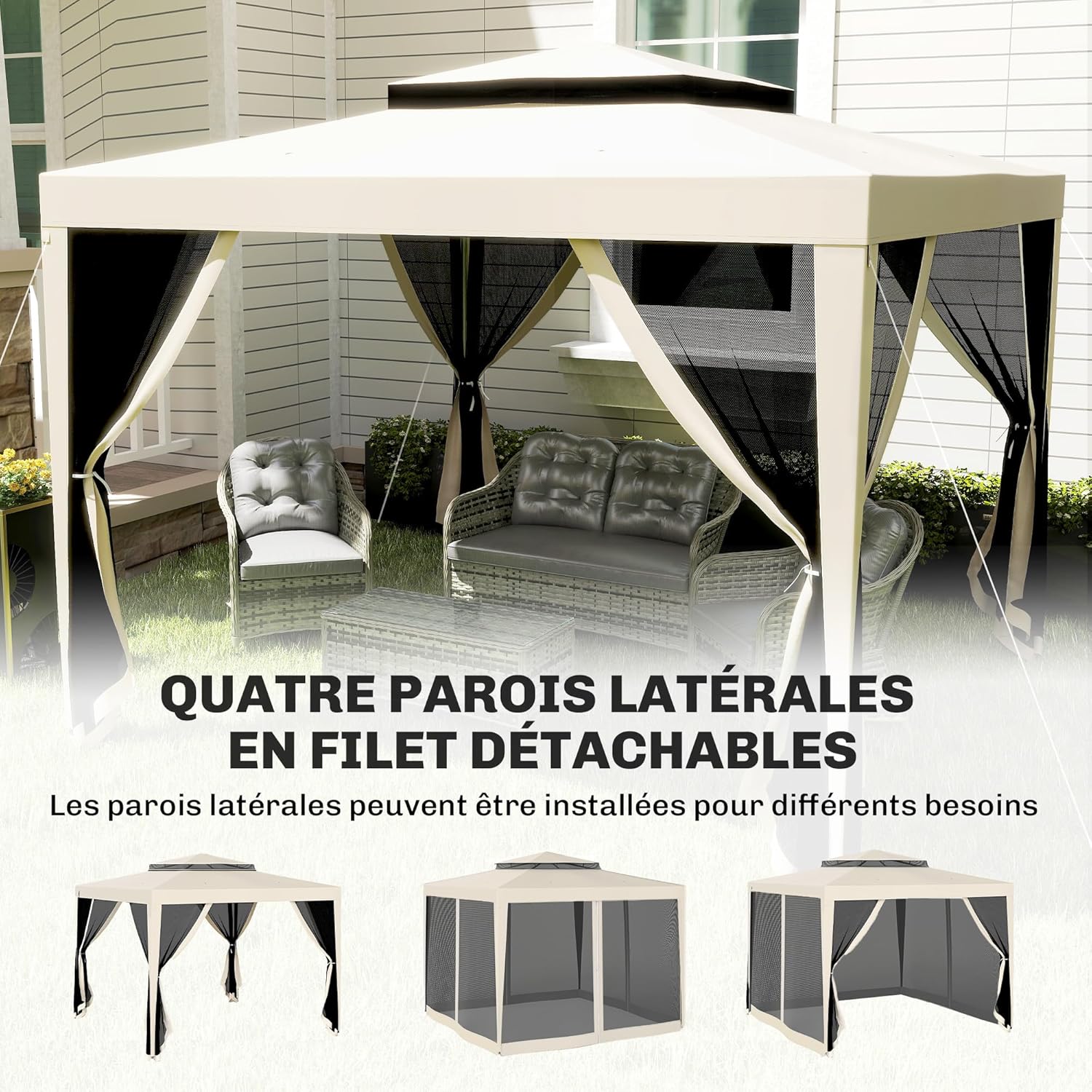Outsunny - Tonnelle Barnum Jardin - 3x3m - moustiquaires, double toit, beige