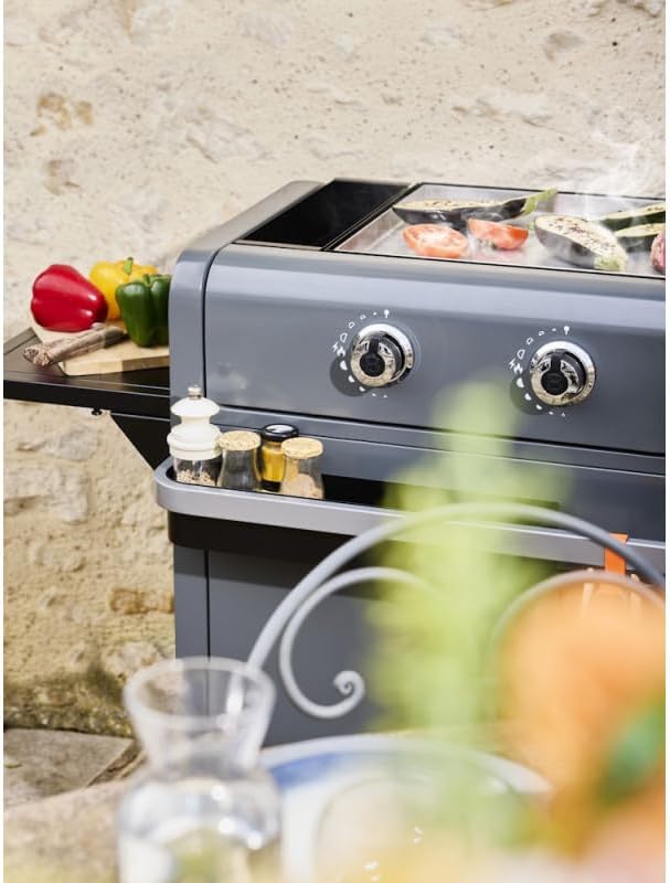 Brasero - Plancha Lola sur chariot - 68,5x35,5 cm - 3 feux gaz, récupérateur graisse, 12 convives, 7,2 kW