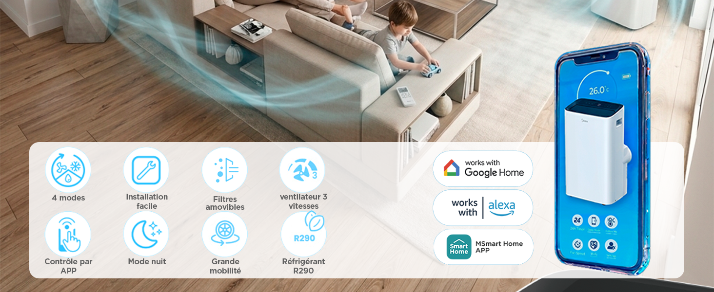 Le texte se lit comme suit : icônes de produits affichant « Smart App », « App Control », « WiFi Control », « Voice Control », « Sleep Mode », « Delay Off », « Humidifier », « Purifier ». Appareil de purification d'eau bleu affiché avec des boutons d'interface et la marque « AQUA pure » visible.