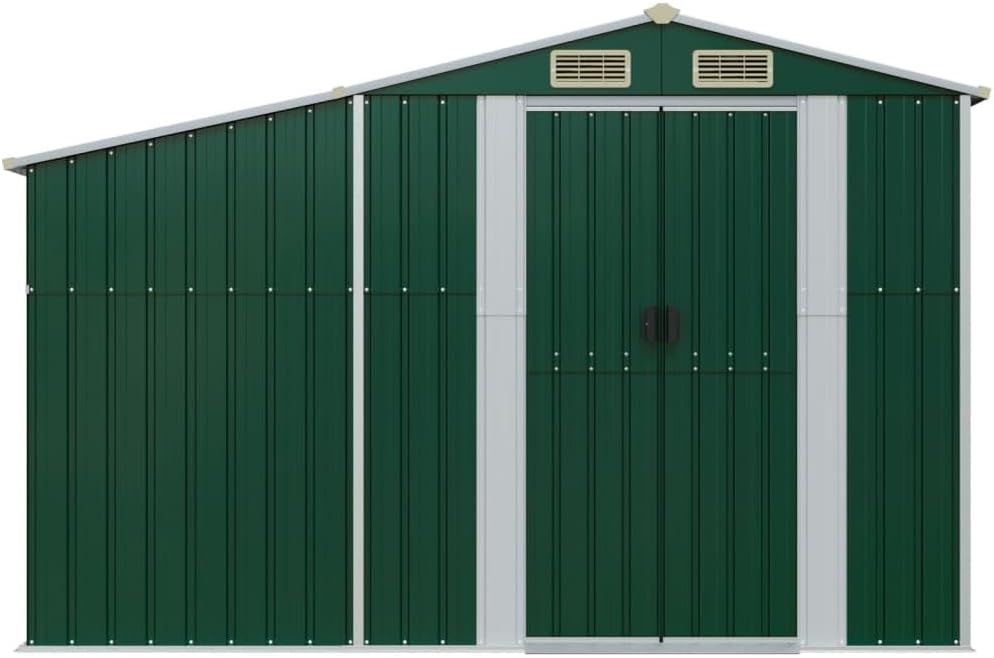 vidaXL Abri de Jardin, Cabane à Outils avec Poignées, Remise à Outils avec Toit Inclinable, Abri de Rangement Terrasse, Vert 277x93x179 cm Acier Galvanisé