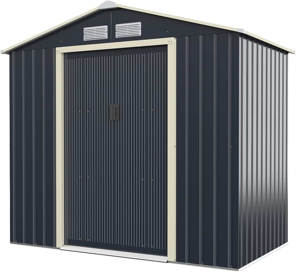 GOPLUS 2,37㎡ Abri de Jardin Métal Galvanisé, Cabine de Jardin Extérieur Portes Coulissantes, Résistant aux Intempérie, 4,63m³, Cabane de Rangement à Outils, 213 x 127 x 195 cm, Gris