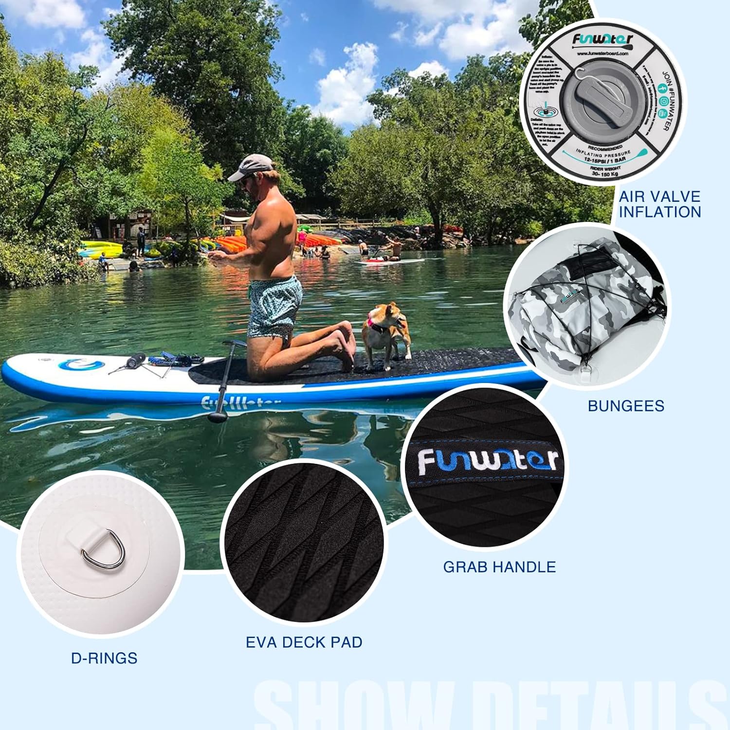 FunWater Planche Sup Gonflable Tous Niveaux Idéale Débutants et Famille Plateforme Anti Dérapante EVA Pack Complet avec Pagaie Réglable Pompe et Accessoires