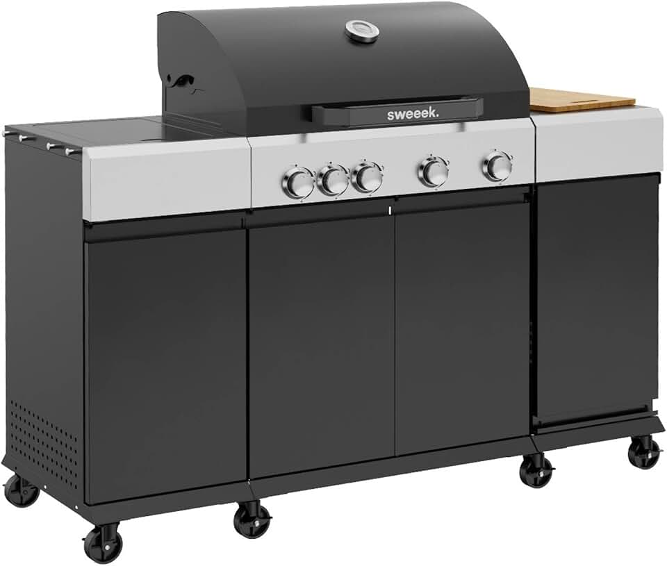 sweeek - Maxim barbecue gaz 4 brûleurs, 145,5x61,5x143,5cm, thermomètre, récupérateur, grille chauffante