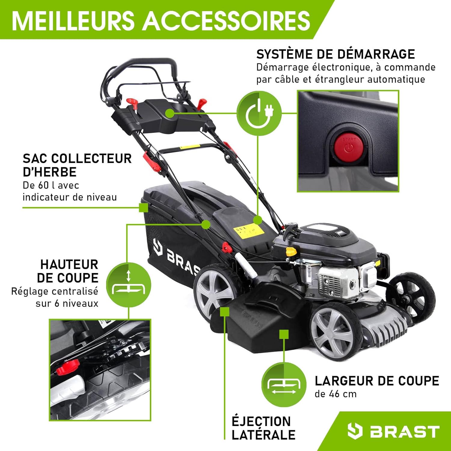 BRAST Tondeuse Thermique tractée démarrage électrique 170ccm 3,5kW (4,76 CV) 46 cm Coupe 30-80, Vitesse d'entraînement Triple réglable 60 l Moteur 4 Temps, 4en 1, châssis en tôle d'acier