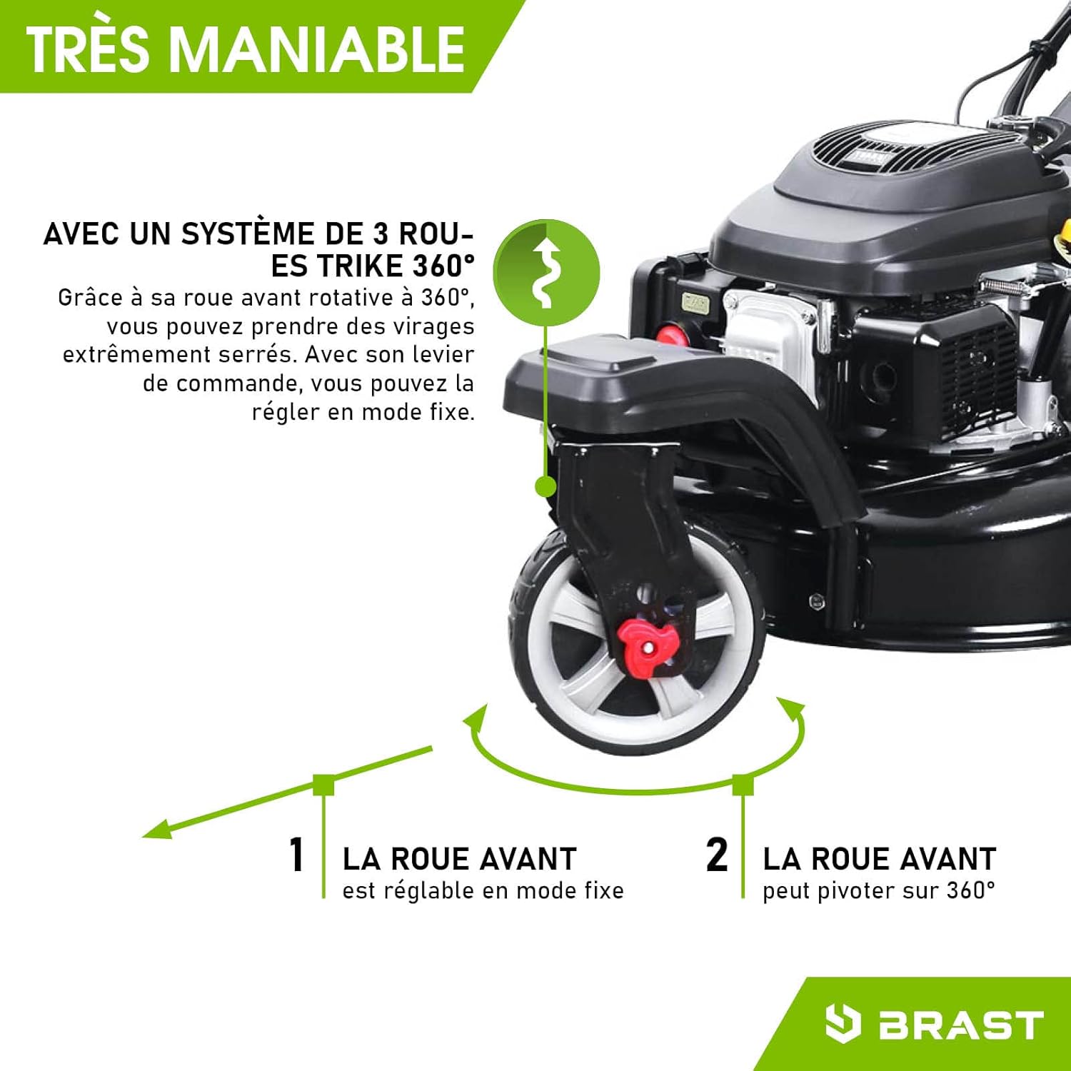 BRAST - tondeuse thermique 3 roues - 53cm, 224cc, 7cv, mulching, 4en1, capot acier, guidon réglable - TRIKE