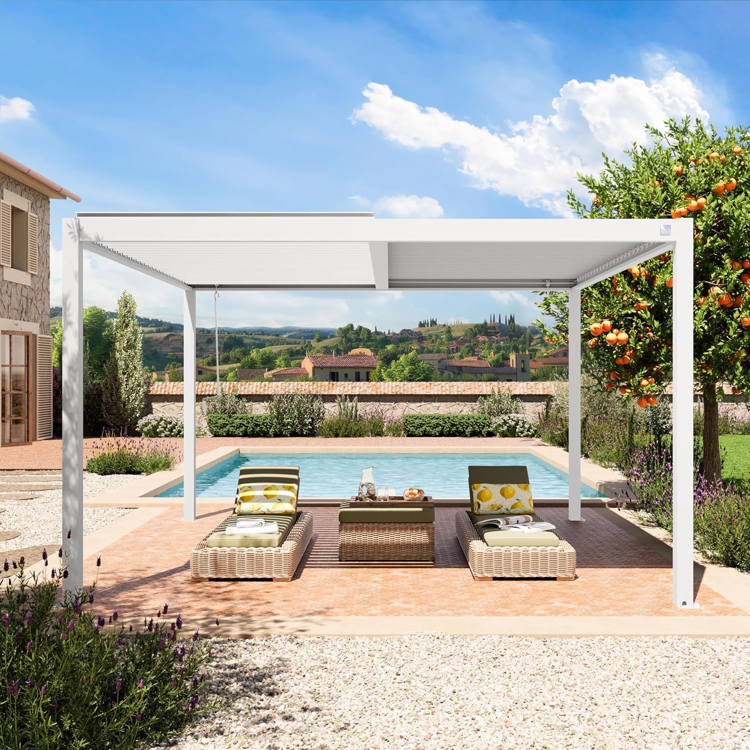 PRIMEYARD - Pergola série pavillon - 4x4 m - aluminium blanc, lames acier orientables