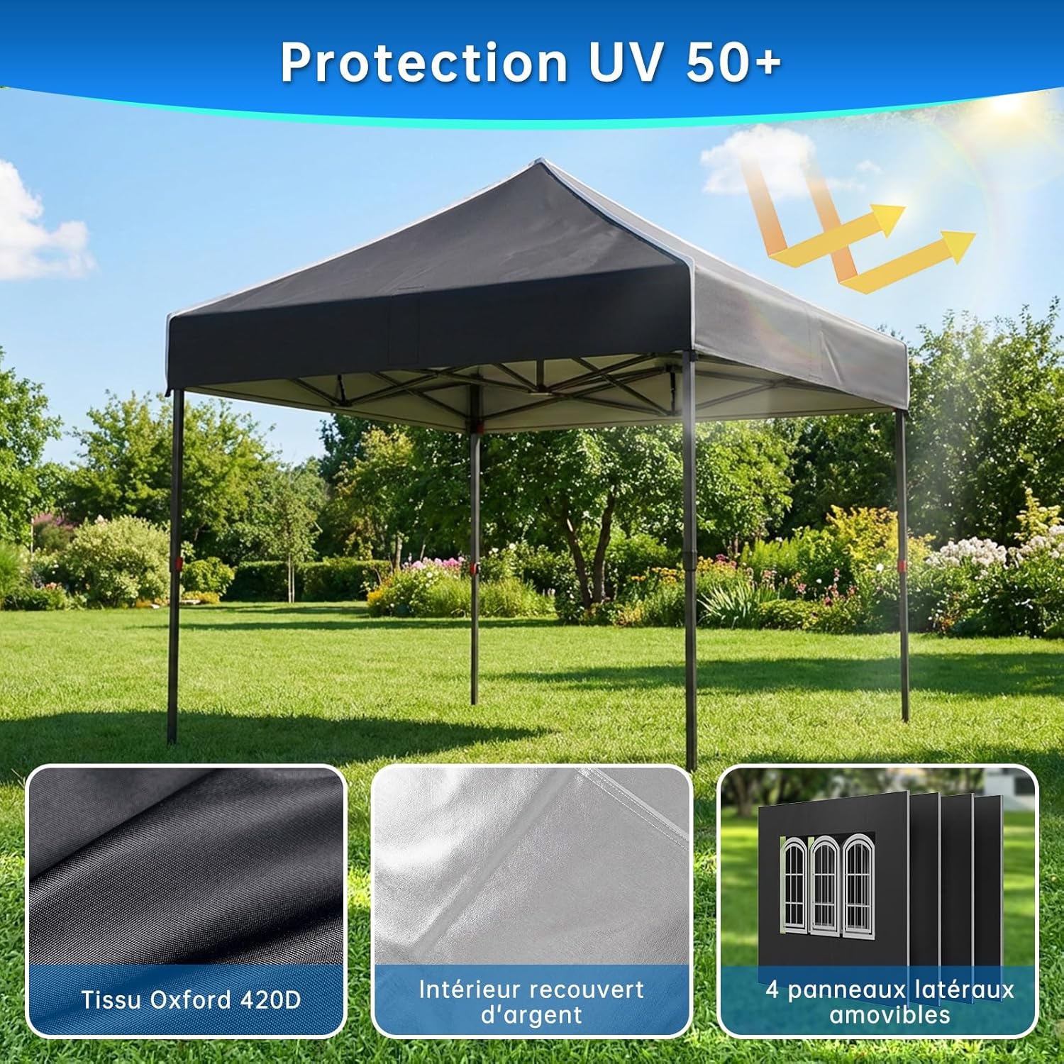 Devoko - tonnelle pliante - 3x3m - imperméable, UV50+, hauteur réglable, panneaux latéraux