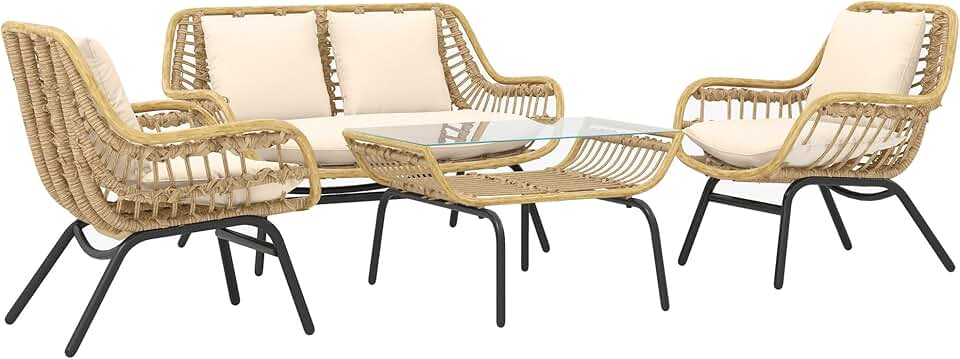 Outsunny - Salon de jardin exotique 4 places, métal/résine, coussins confort, beige