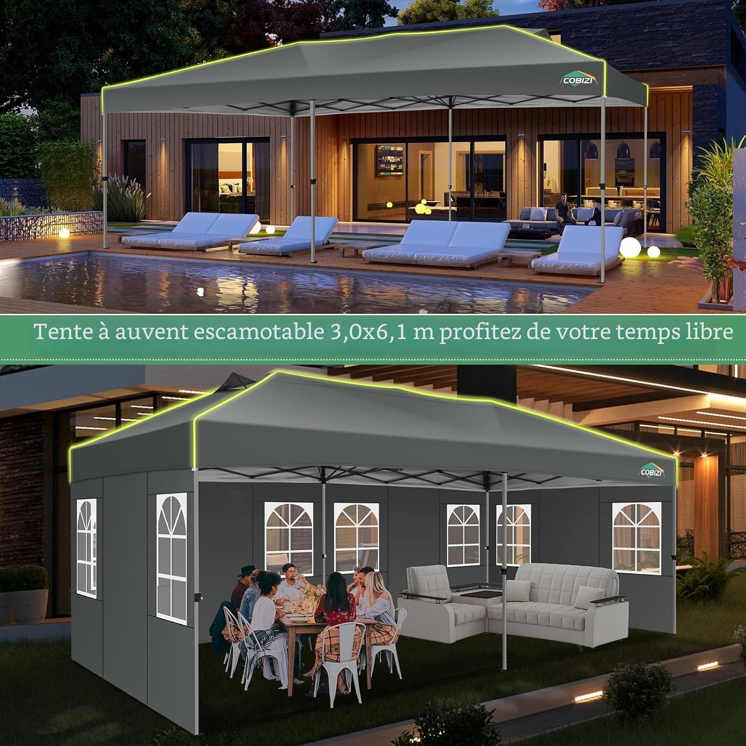 COBIZI - Tonnelle pliante série Pop up - 3x6m - imperméable, ventilation, anti-UV
