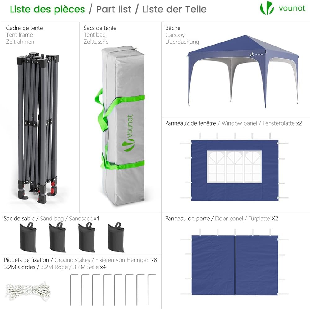 VOUNOT - tonnelle pliable série jardin - 3x3m - imperméable, anti-UV, réglable, sac.