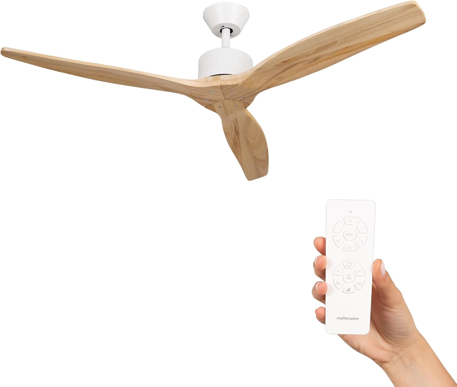 Mellerware - Ventilateur de plafond avec télécommande Brizy! 45W | Puissant | Ultra silencieux | 3 lames | Diamètre 132cm | 6 vitesses | Refroidissement + LED intégrée | Bois clair
