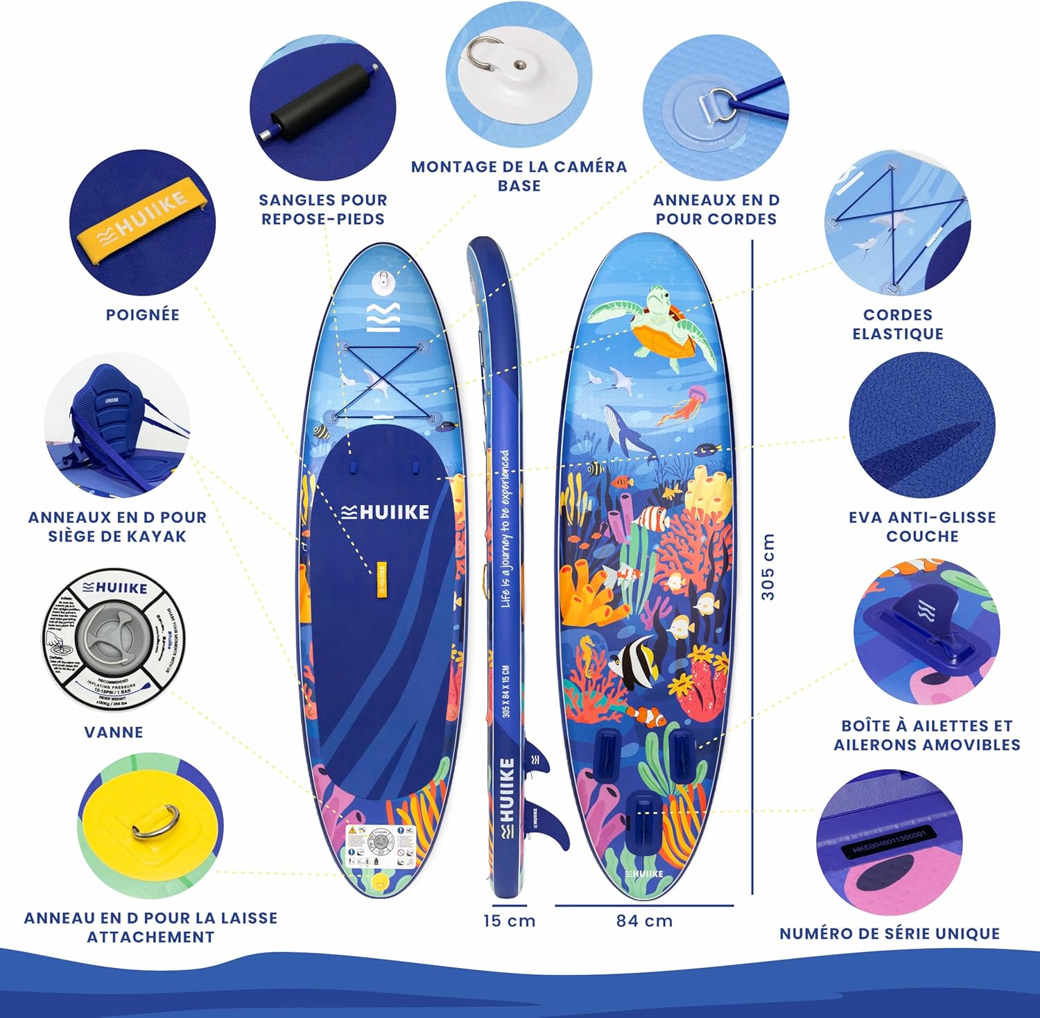 HUIIKE Paddle Gonflable Adulte avec Accessoires Inclus, Pagaie, Ailerons, Pompe. Planche de Stand Up Paddle Grande Stabilité et Résistance. 305 x 84 x 15 cm, Jusqu'à 130 kg