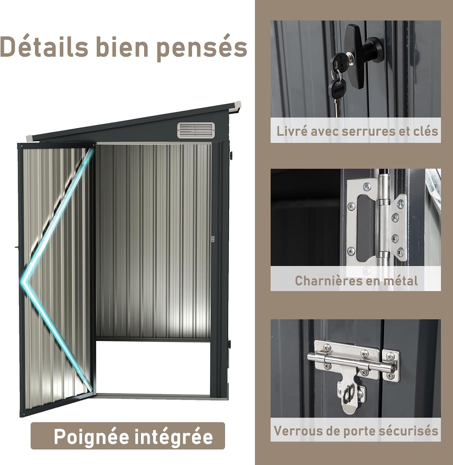 RELAX4LIFE Abri de Jardin Métal 235X117X185CM avec 2 Portes Verrouillable-Loquets Clés Inclus et Fenêtres, Cabane à Outils Cabanon Résistant aux intempéries pour Poubelles Extérieur (Gris, 5M³)