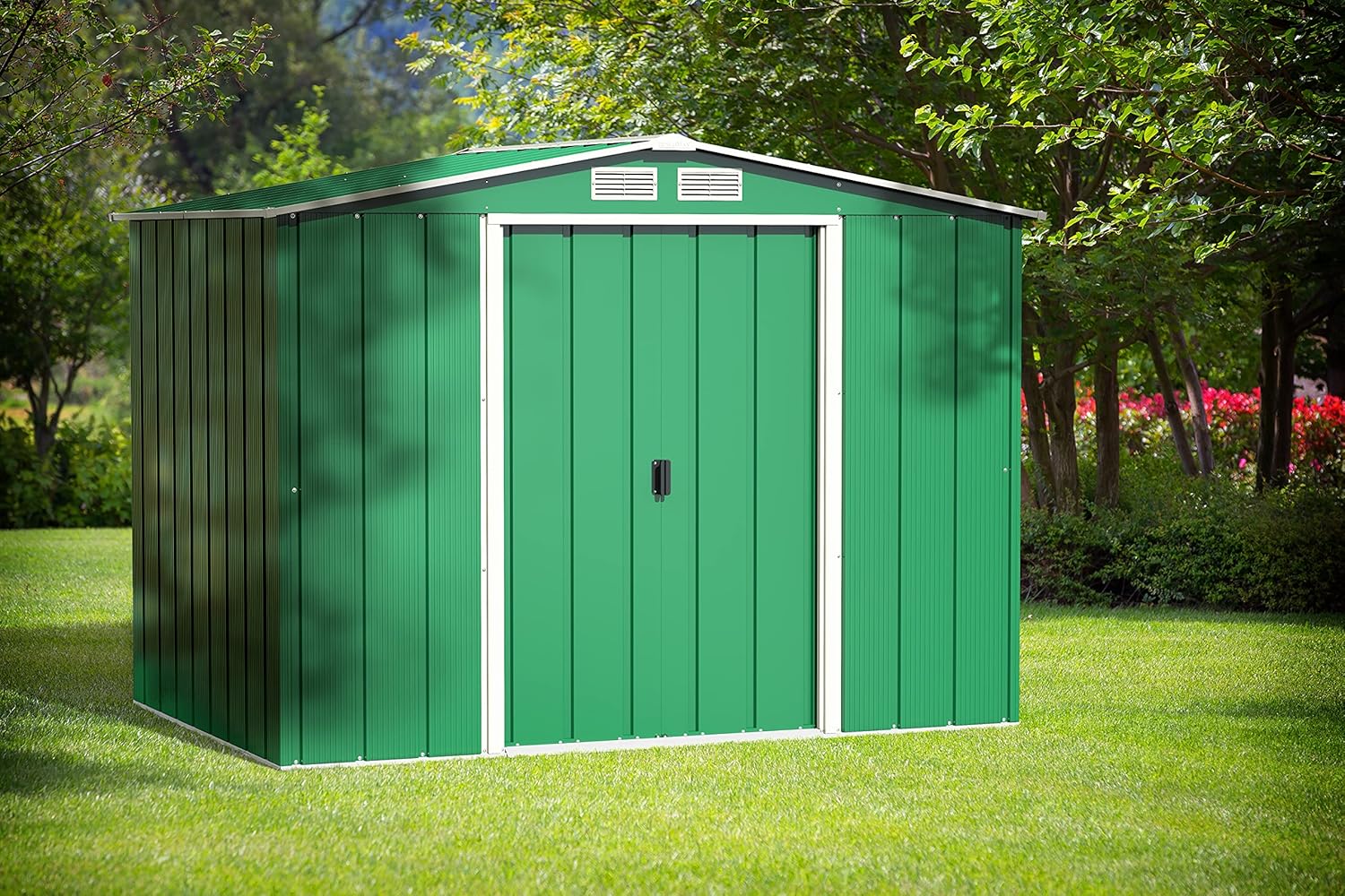 Duramax Abri de Jardin en Métal, Vert, 4.37 m², Abri de Stockage d'Outils, Toit Renforcé, Étanche et Sans Entretien