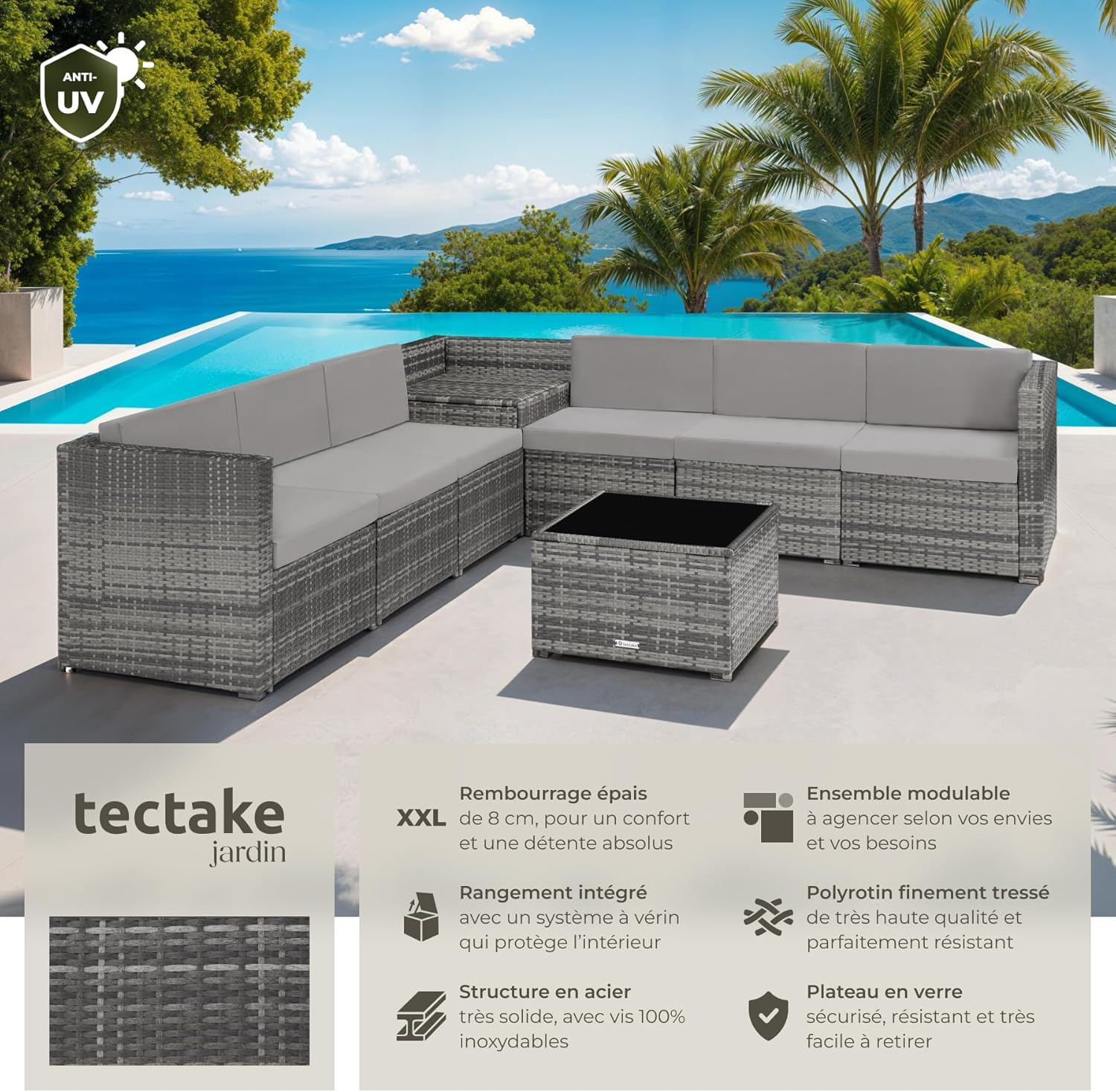 Salon de Jardin TecTake - Rotin 6 places - Résine tressée, modulable, coffres, s'étend sur balcon ou terrasse, gris - EX