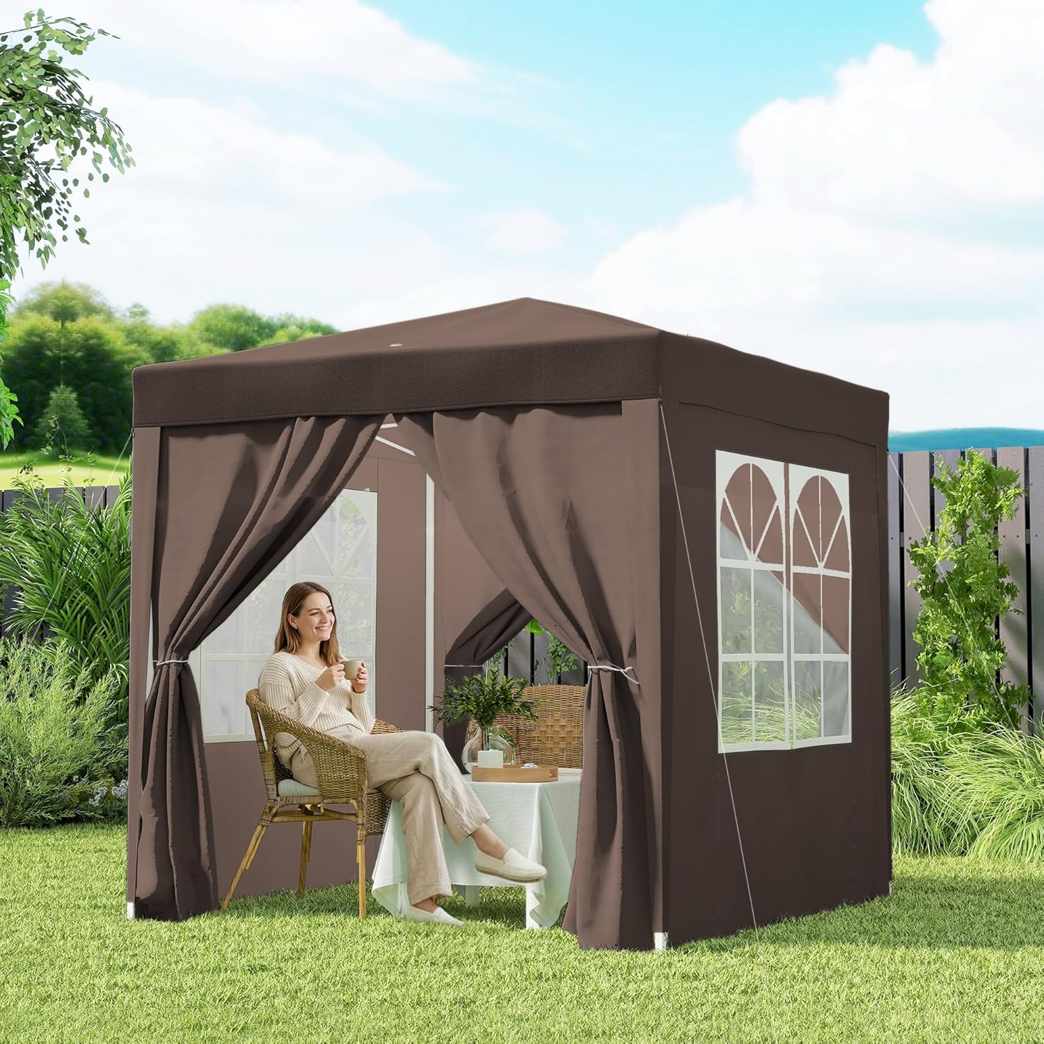 Outsunny - tonnelle pliante jardin 2x2m, hauteur réglable, 4 côtés, marron
