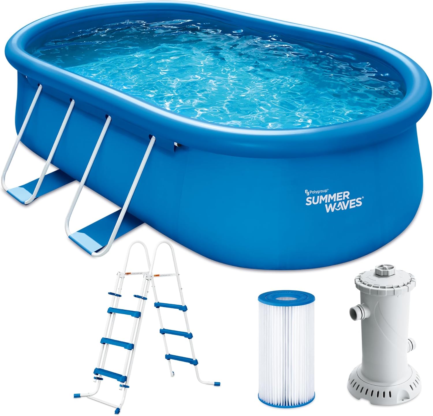 Summer Waves Quick Up Kit complet de piscine - Ovale - 457 x 305 x 107 cm - Bleu - Piscine hors-sol et piscine avec pompe à filtre, échelle, tapis de sol et bâche