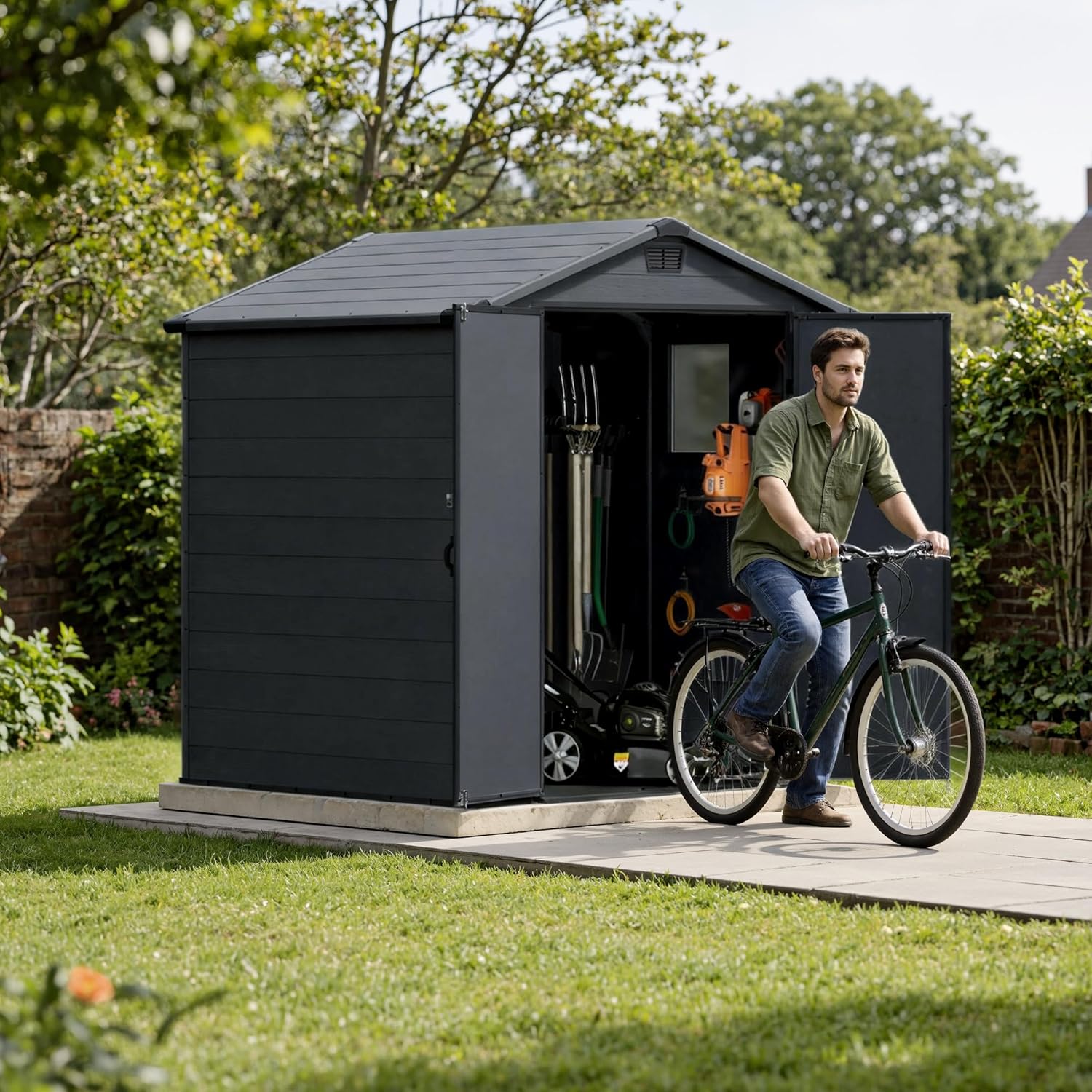Devoko Abri de jardin extérieur en plastique avec double portes verrouillables et toit en apex – Abri de jardin pour outils de terrasse, abri pour vélo, poubelle – Résistant aux intempéries et à la