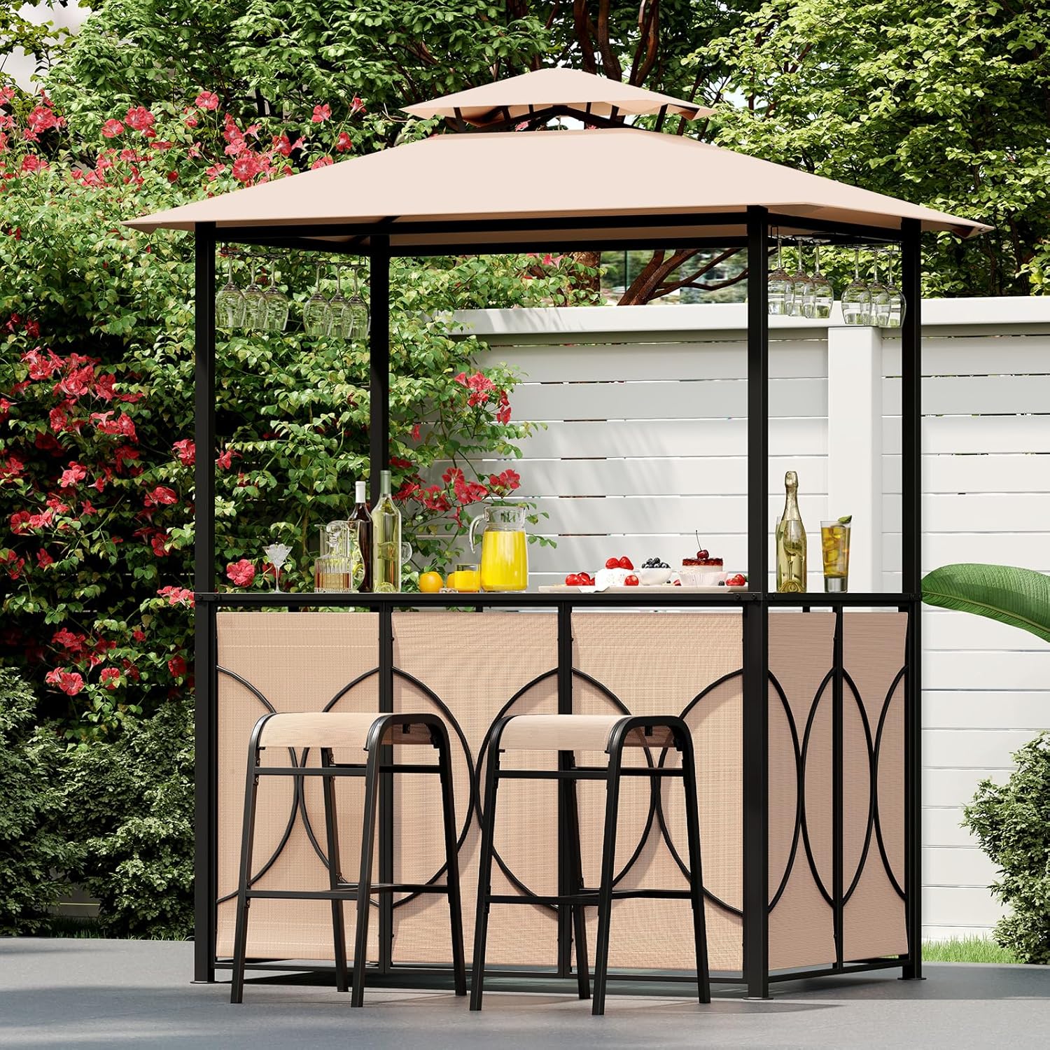 COSTWAY - Tonnelle barbecue avec tabourets, 194x121x242 cm, métal et verre