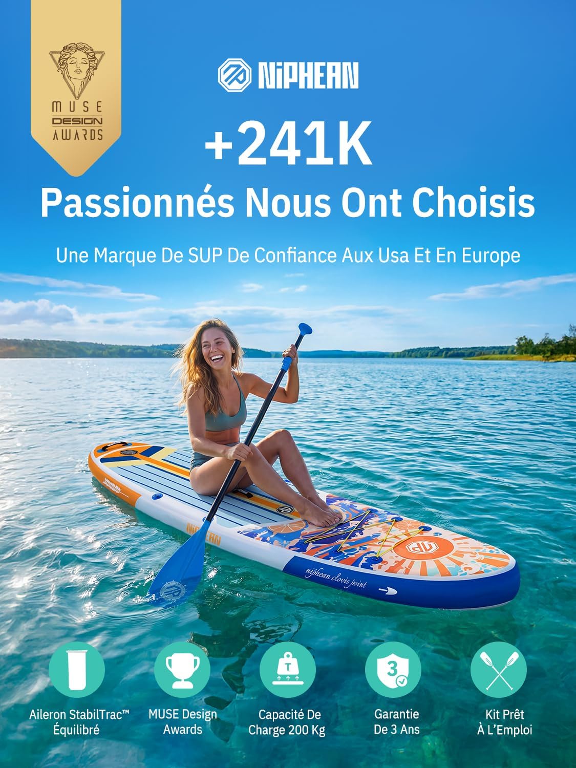 Niphean - Stand Up Paddle Gonflable 320cm - 200kg, 2 personnes, siège