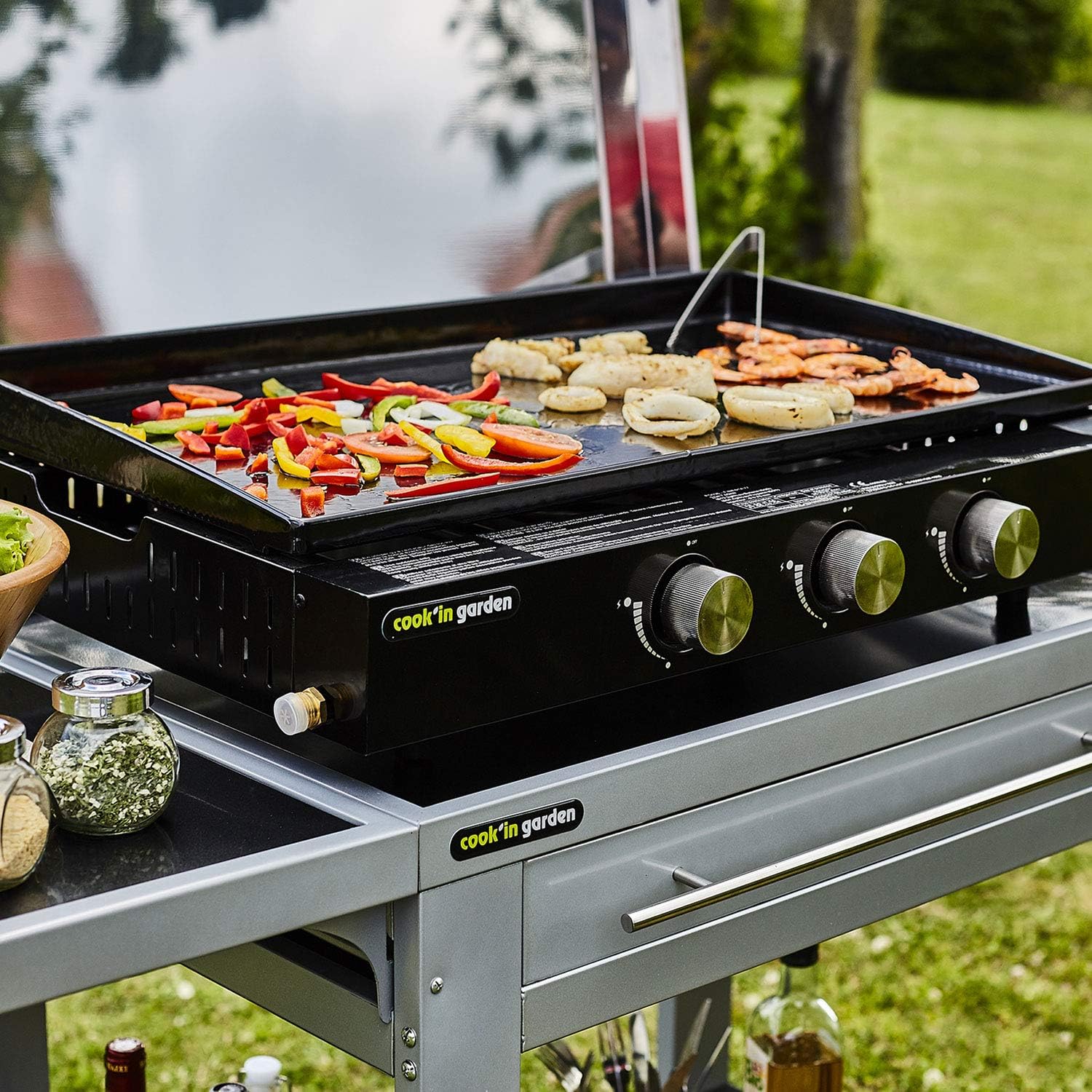 Cook'in garden - FINESTA - plancha gaz 3 brûleurs, plaque fonte, capot, récupérateur
