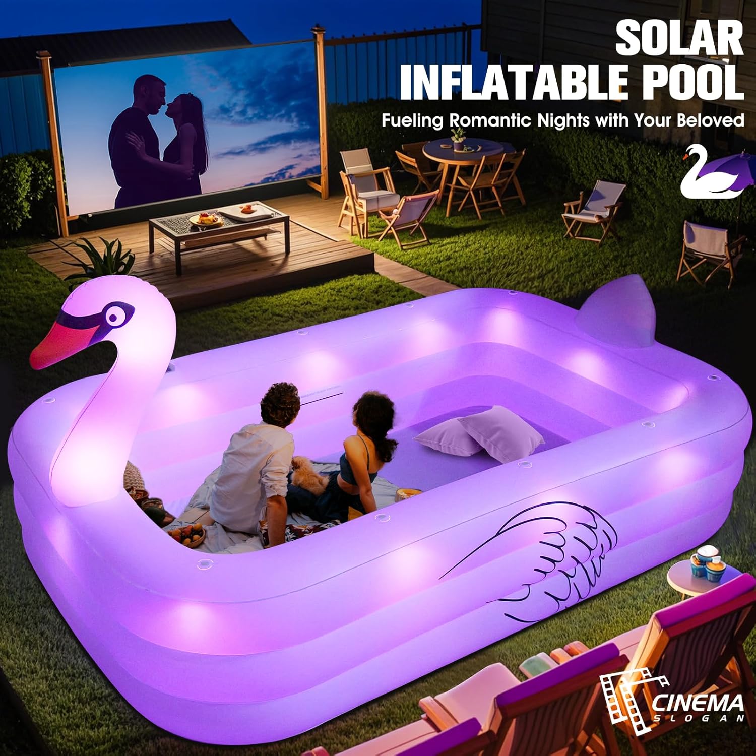 ChlorBlu Piscine Gonflable avec Lumières, Swan Piscine Gonflable Adulte, 255x160x50cm Grande Piscines Gonflables Rectangulaire, Swimming Pool Surdimensionnée pour Enfants et Famille, pour Jardin