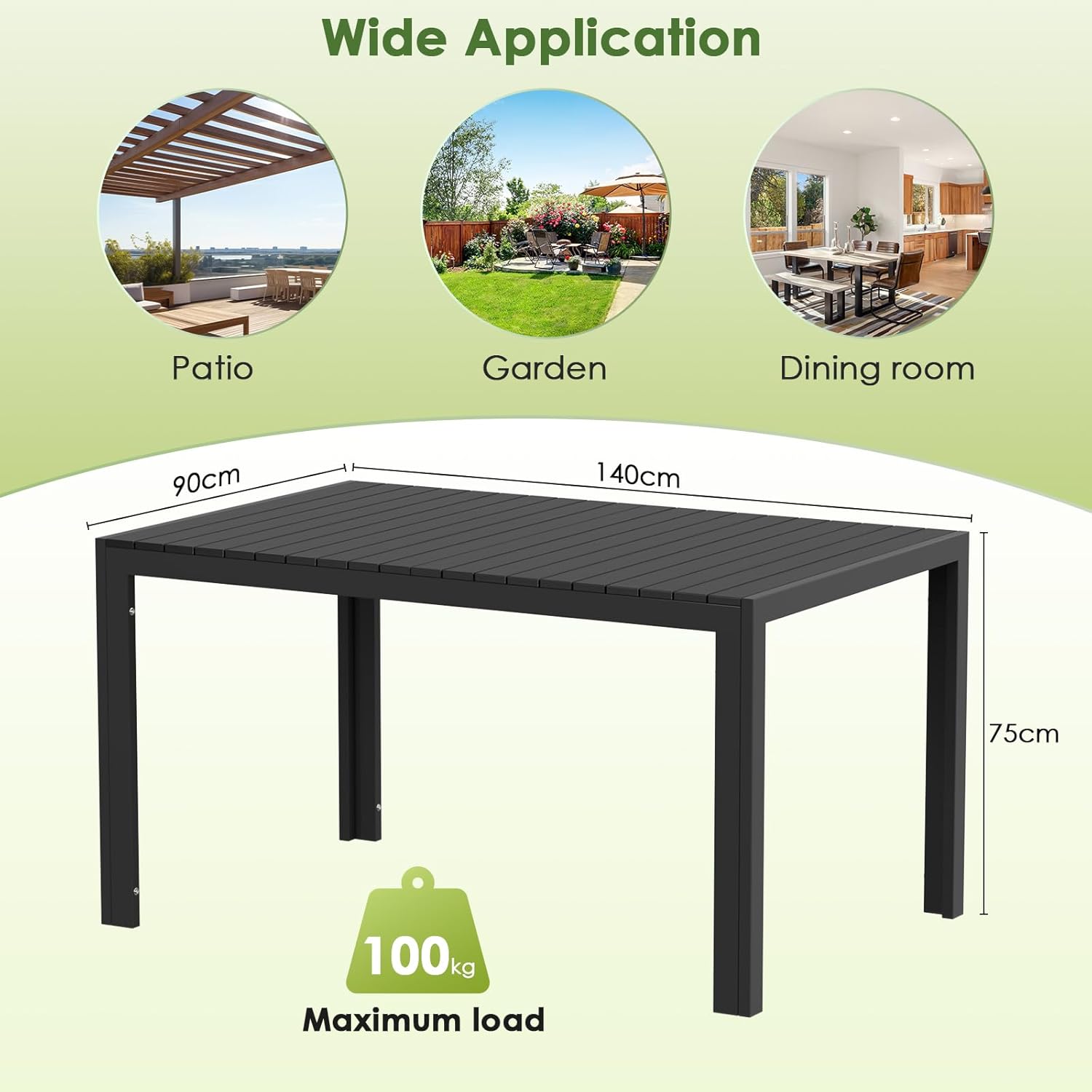 LIFERUN - Table jardin alu 140x90x75 cm WPC, 6 pers, noire