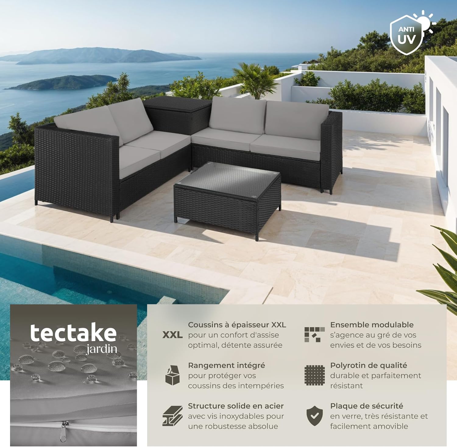 tectake - Ensemble salon jardin poly rotin, 4 places, coffre rangement, table verre