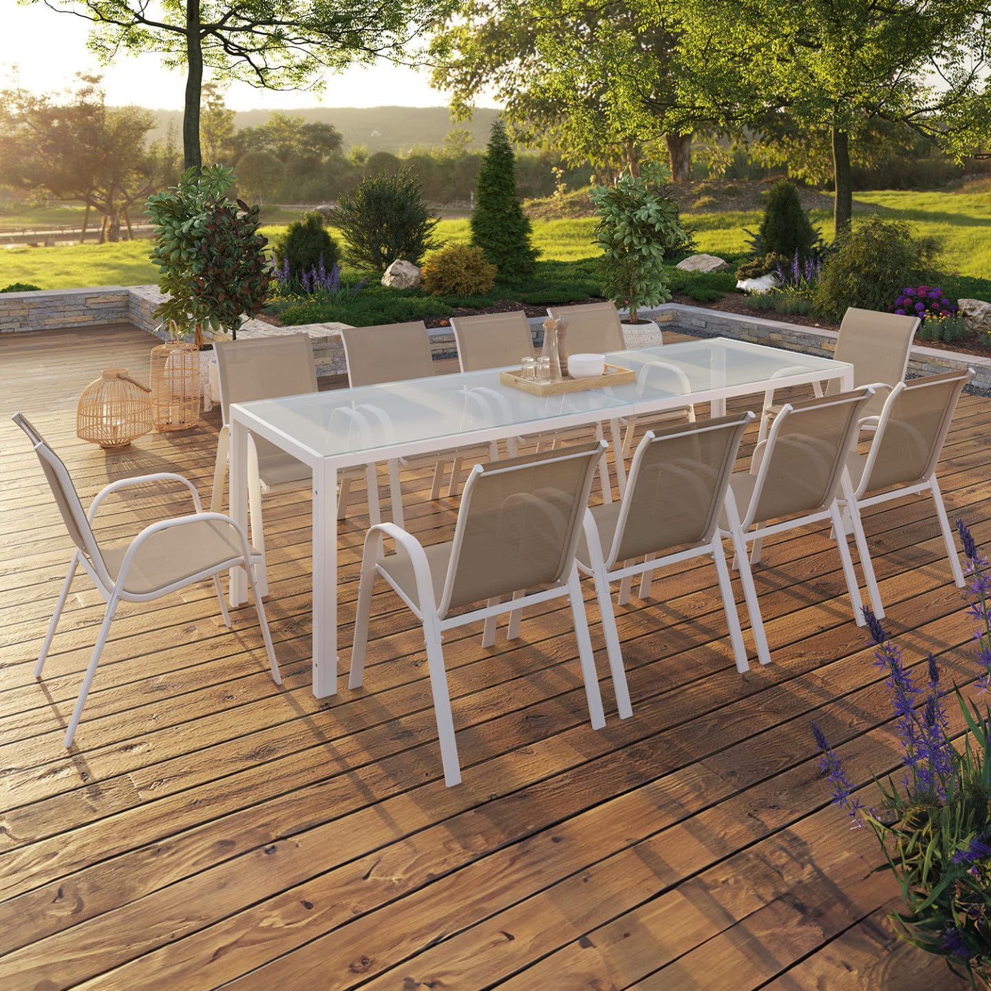 IDMarket - Madrid salon de jardin 240 cm table + 10 chaises blanc/beige