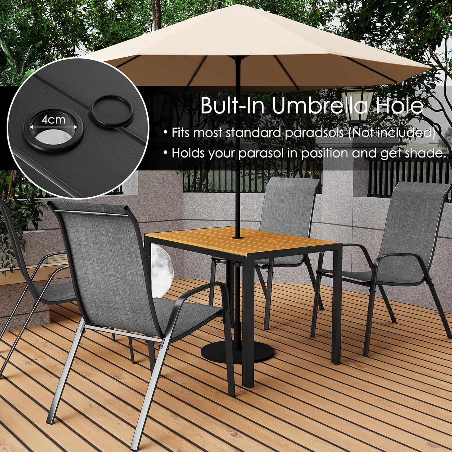 LIFERUN - Table de jardin 110x70cm - WPC, aluminium, trou parasol, brun teck