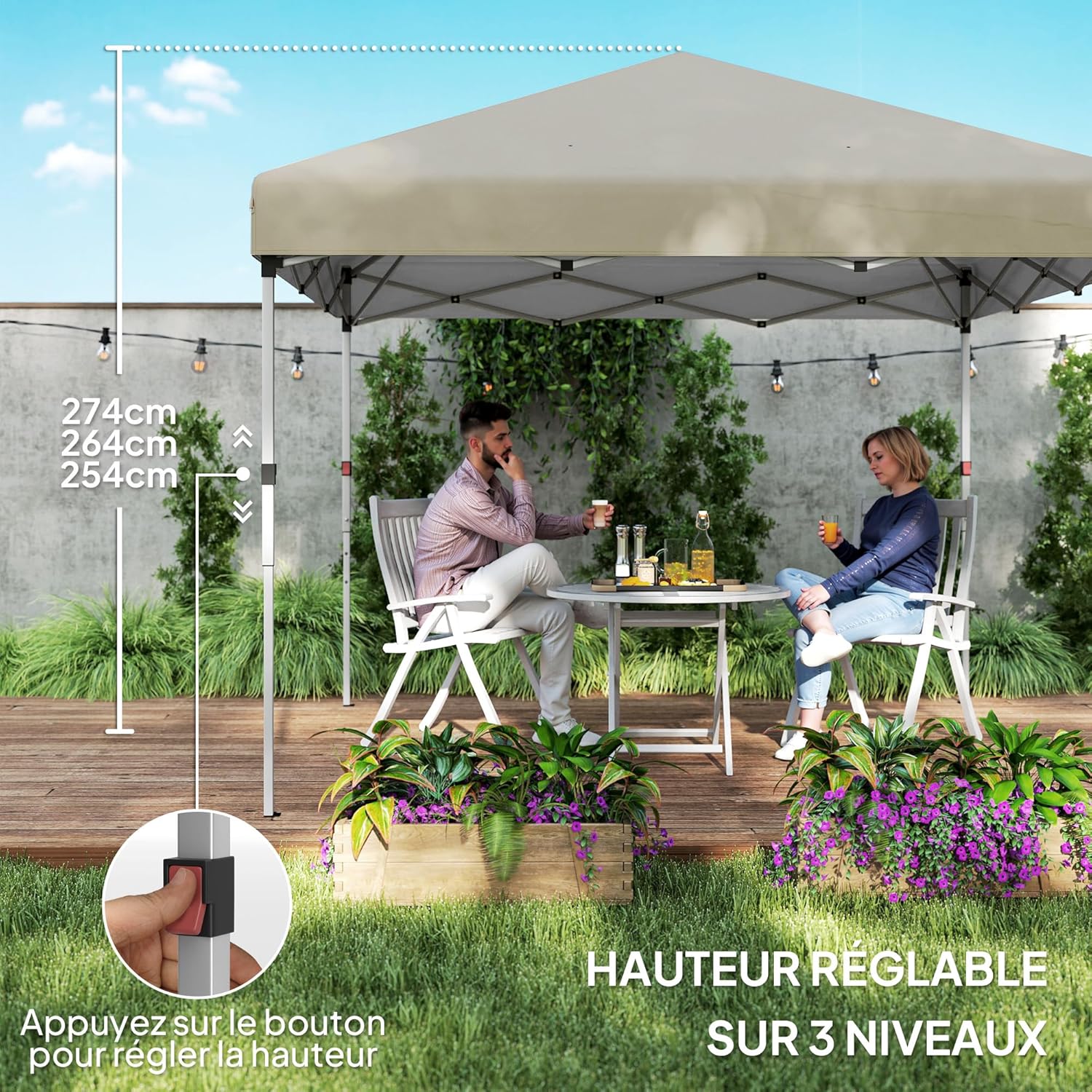 Outsunny - tonnelle pop-up réglable - 297x297x288cm - UV 30+ 2 parois