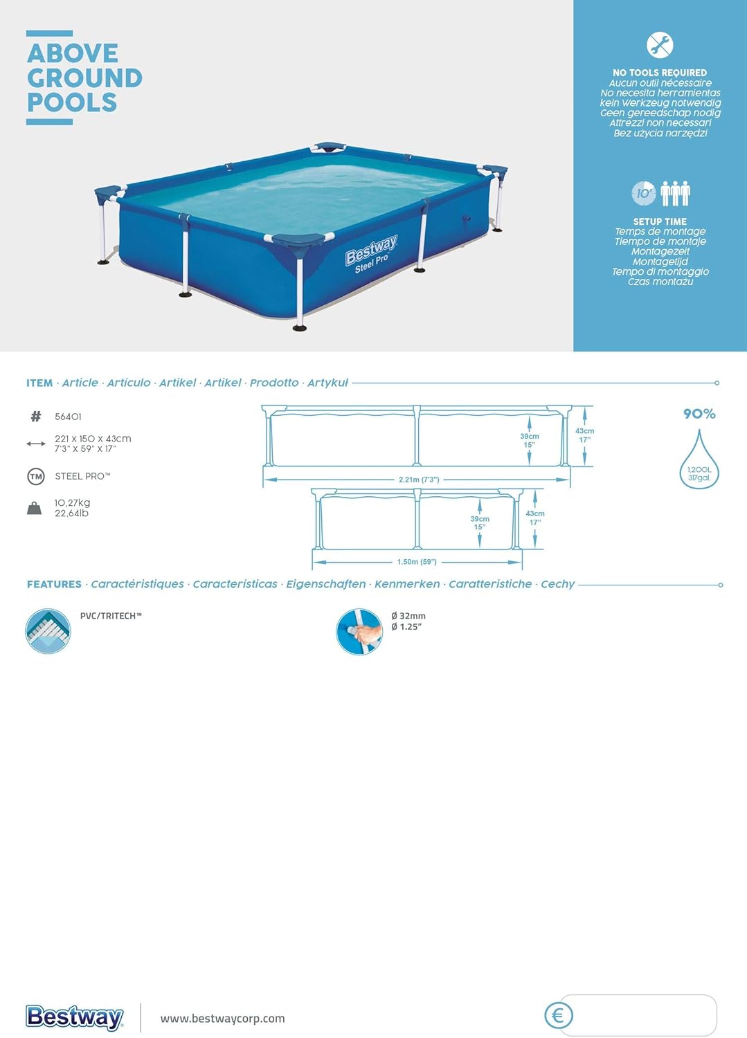 Bestway - Steel Pro - 221x150x43 cm - piscine hors sol robuste 56401
