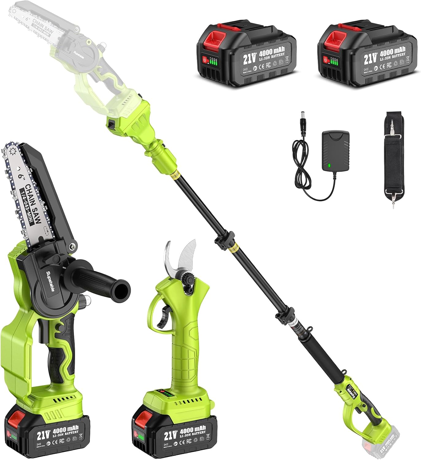 Supstable Mini Tronconneuse avec Perche 6 Pouces & Secateur Electrique Telescopique 33 mm, 4 en 1 Élagueuse sur Perche avec 2 * 4000 mAh Batteries, Portée Maximale 4,6 m