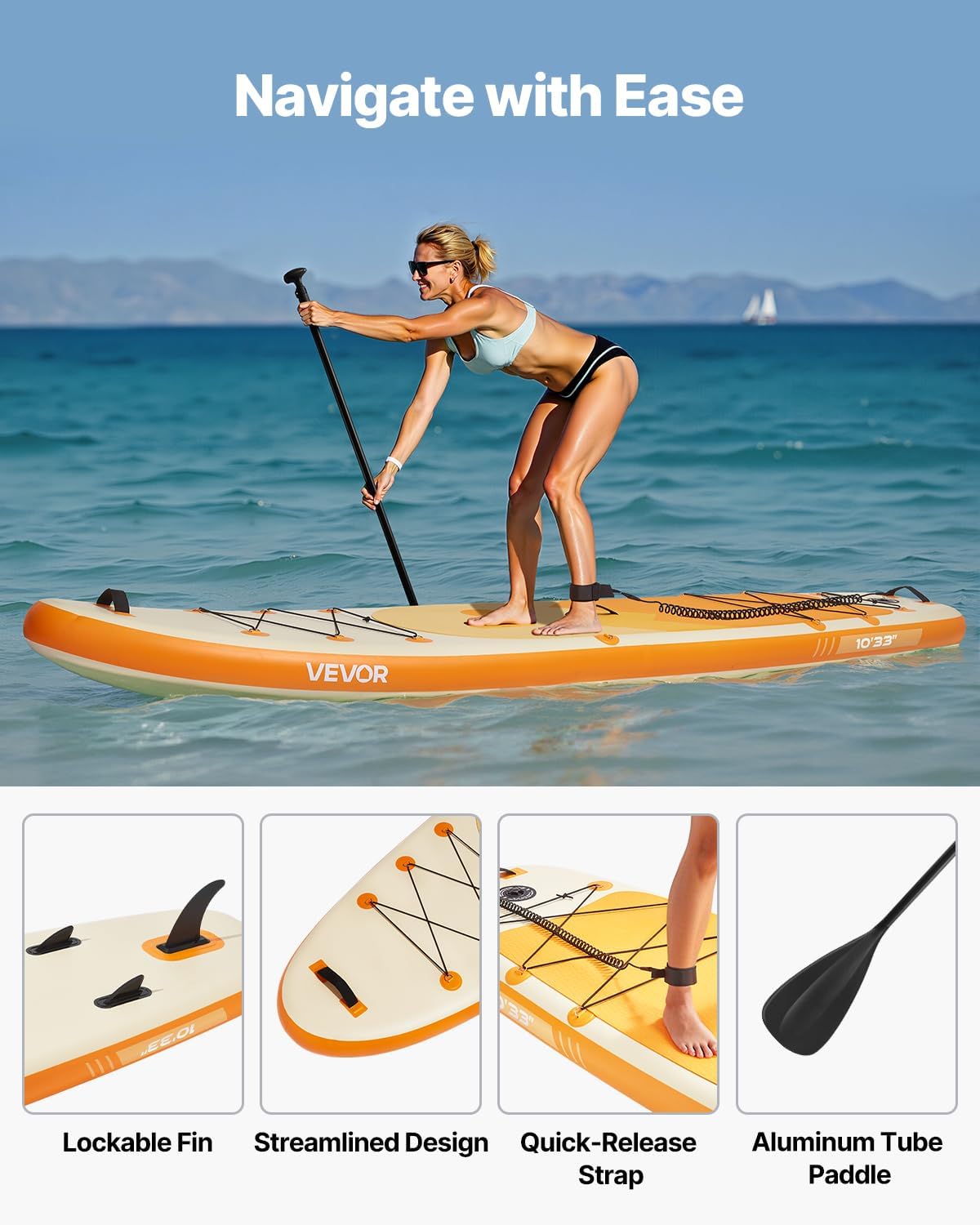 VEVOR Paddle gonflable, 304,8 cm, planche à pagaie debout sup, ultra-légère, avec accessoires de pompe, pagaie, aileron, sac à dos, laisse de cheville, sangle, pont antidérapant pour jeunes et adultes