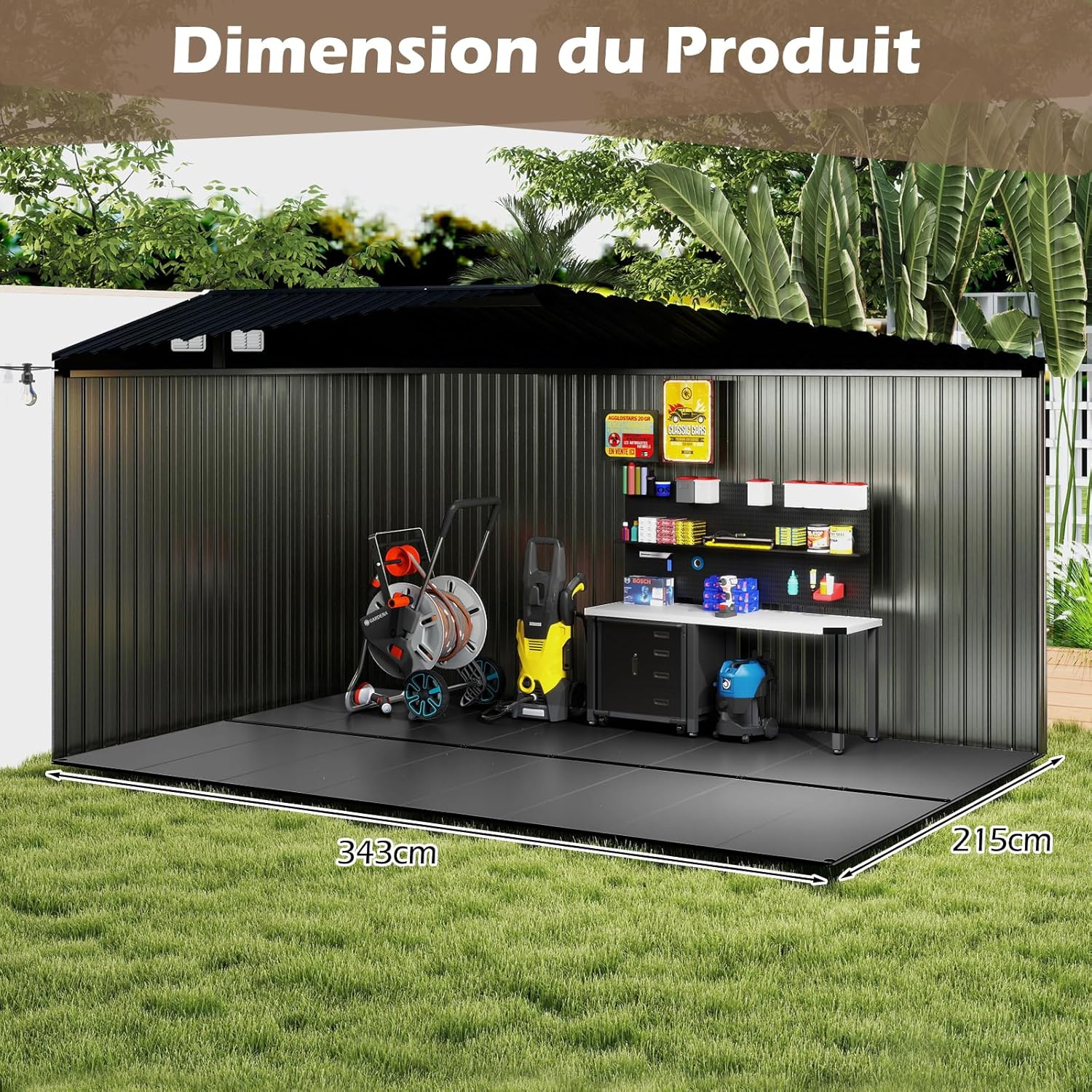 Abri de Jardin, Bandes Renforcées, Revêtement de Sol Extérieur, Montage Facile, 343 x 215 CM
