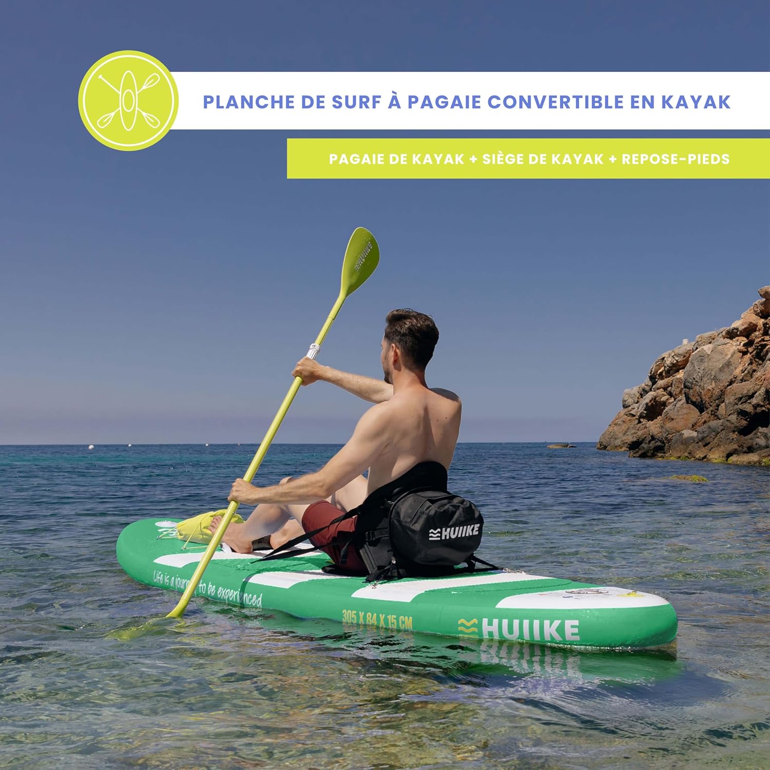 HUIIKE Paddle Gonflable Adulte avec Accessoires Inclus, Pagaie, Ailerons, Pompe. Planche de Stand Up Paddle Grande Stabilité et Résistance. 305 x 84 x 15 cm, Jusqu'à 130 kg
