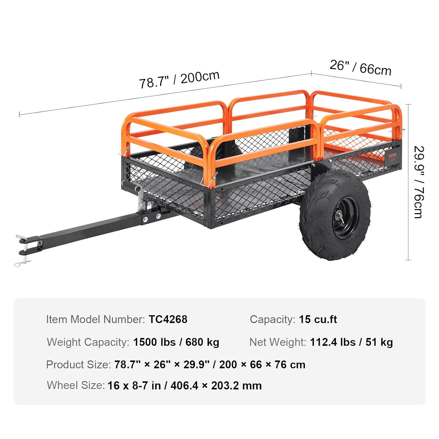 VEVOR Remorque à Benne Basculante Capacité de Charge 680 kg Remorque Utilitaire de Jardin Robuste avec Côtés Amovibles Chariot de Transport à Déversement 0,4 m³​ pour Tracteur, Tondeuse à Gazon, VTT