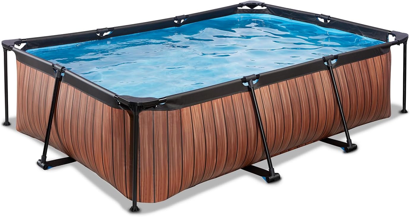 EXIT Toys Piscine en Bois - 220 x 150 x 65 cm - Rectangulaire et compacte - avec Pompe à Filtre à Cartouche - Facile d'accès - Convient pour Les Tout-Petits - Cadre Solide - Design Unique - Marron