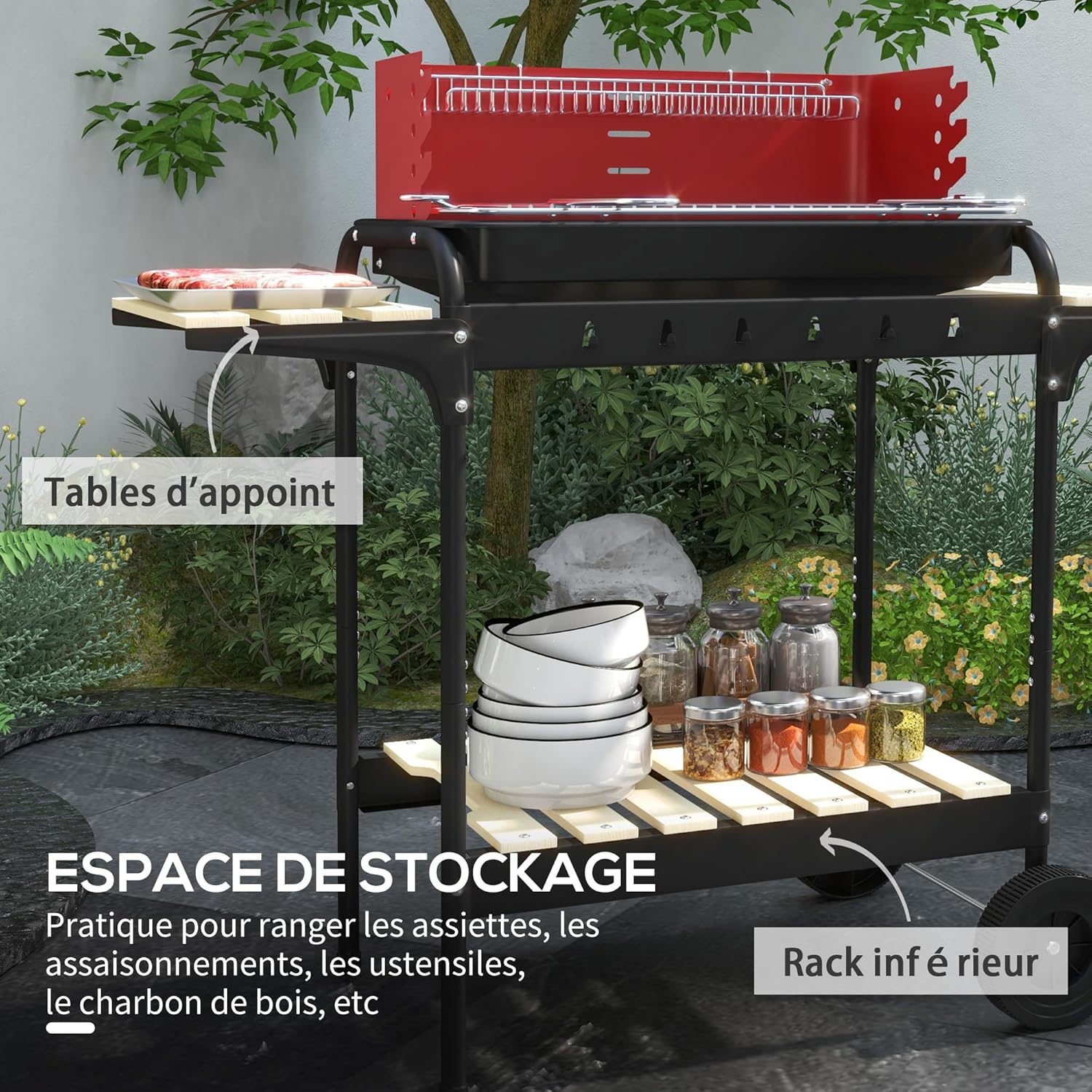 Outsunny - barbecue à charbon sur pied - 103x47x95cm - gril réglable, 2 roues, 3 étagères, bac à cendres