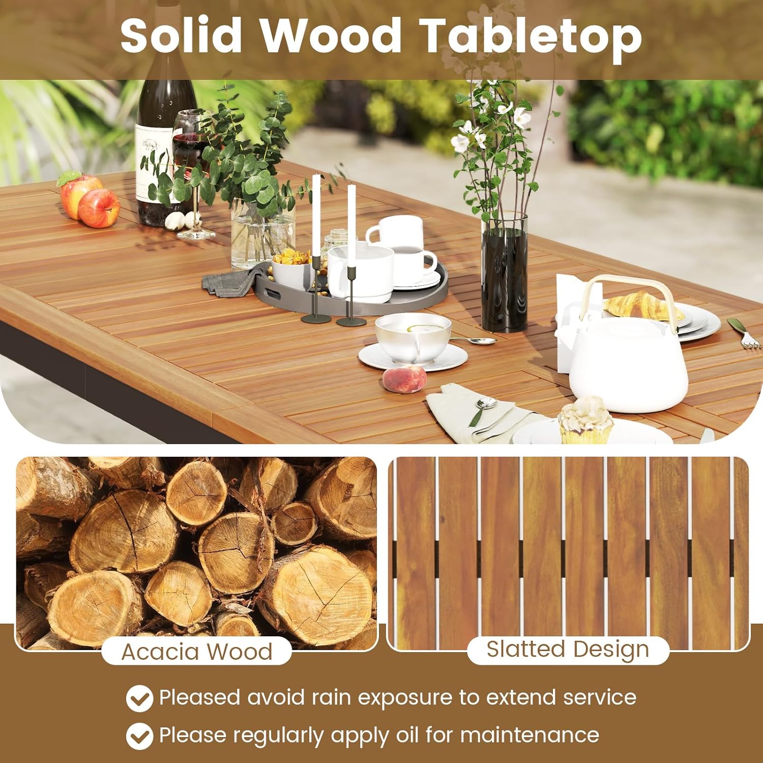 GOPLUS - Table de jardin 8 places, bois d'acacia, métal, 90x200x75cm