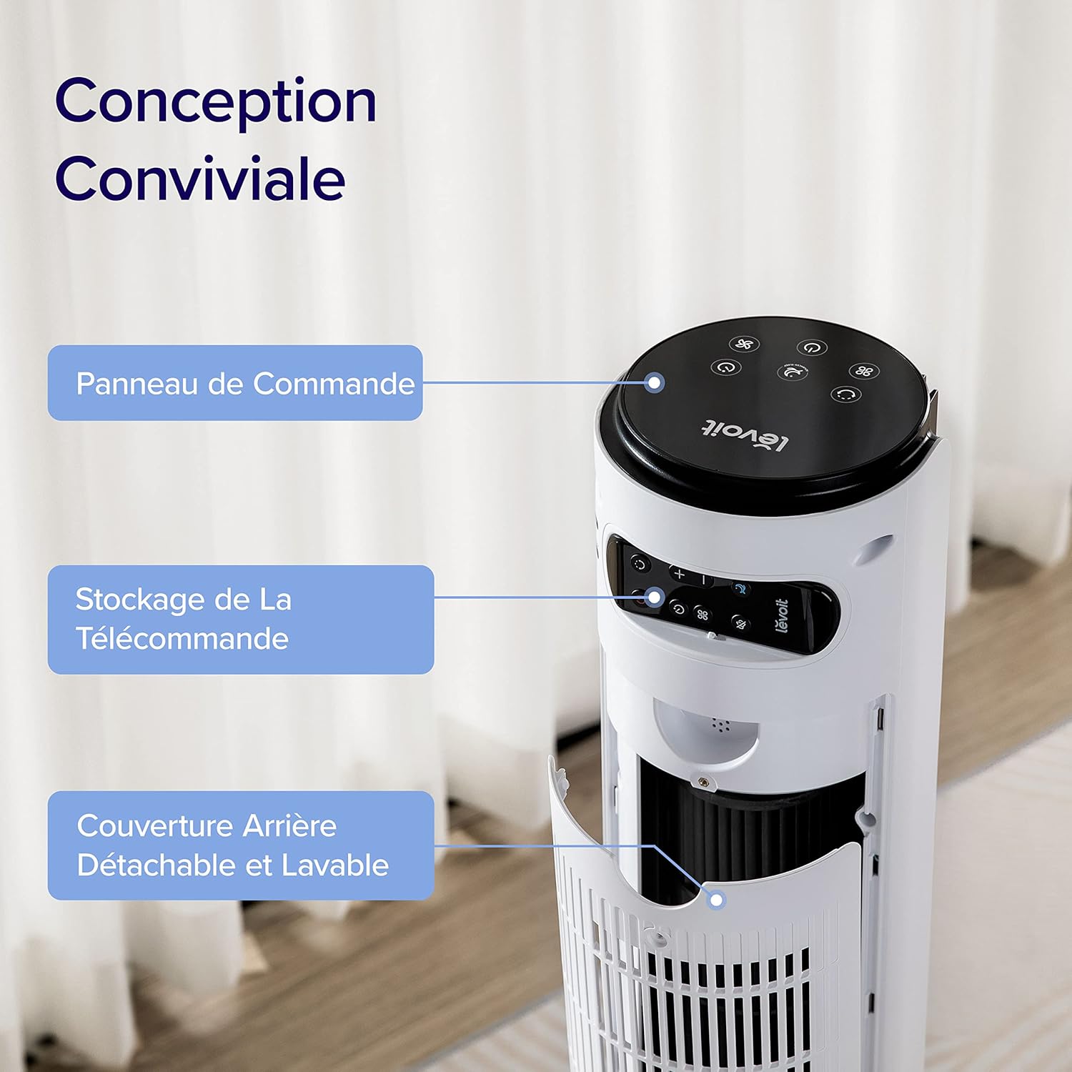 Levoit - Ventilateur colonne série silencieux - 7.9m/s, télécommande, 12 vitesses, oscillation 90°, ajustement hauteur, 