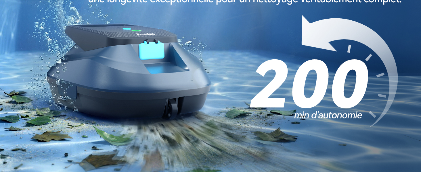 Le texte indique « 200 » en blanc. Nettoyeur de piscine robotique sphérique foncé sous l'eau avec un environnement visible de l'eau et de la piscine.
