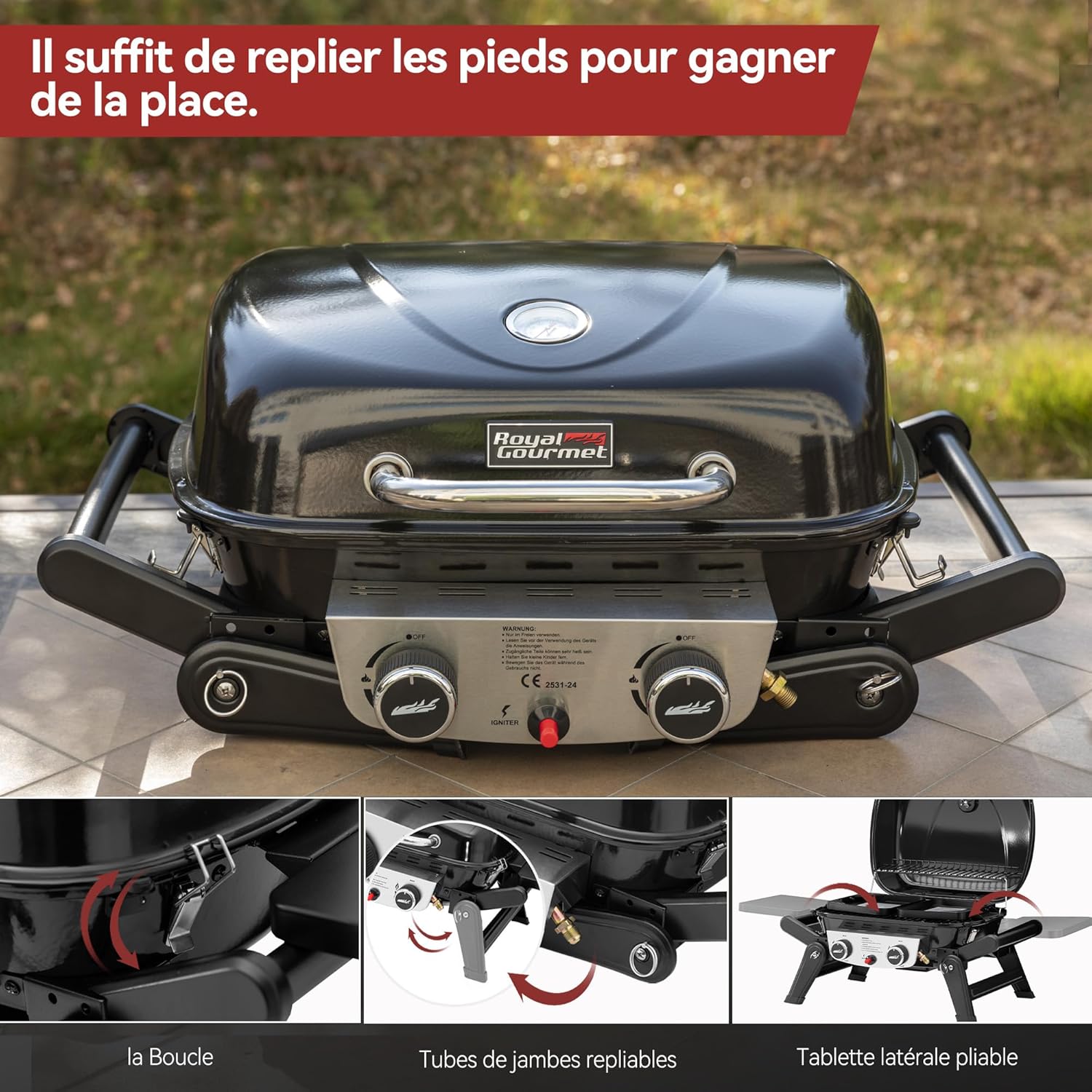Royal Gourmet - barbecue gaz portable - 48x37 cm - 2 brûleurs, tables pliantes, chariot détachable, 5kW