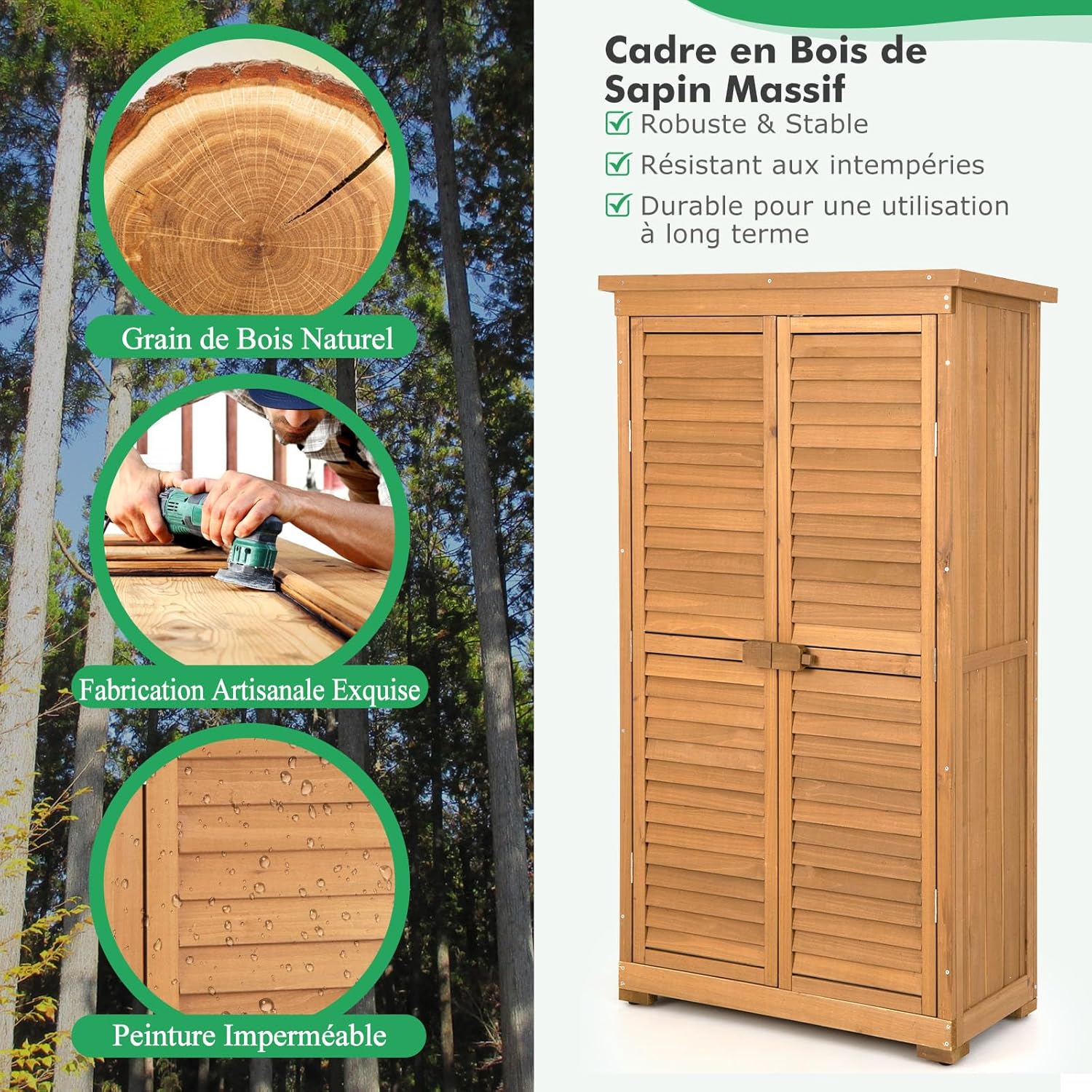 RELAX4LIFE - armoire de jardin bois 82x42x160cm, 3 étagères, toit asphalte