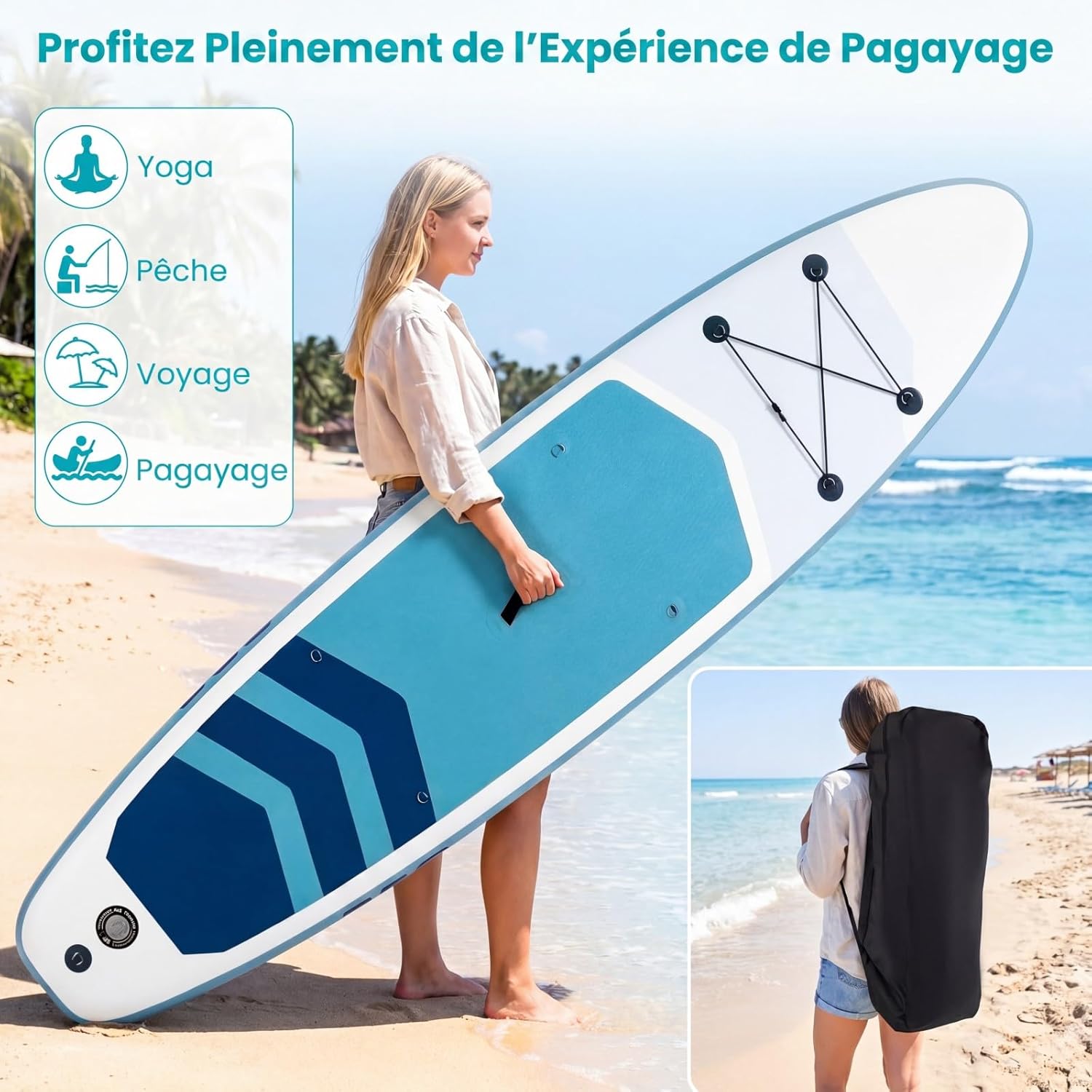 HOMASIS 336 x 77 x 16 cm Planche à Pagaie Gonflable, Planche de Surf avec Pagaie Réglable, Pompe à Main, 3 Ailerons, Anneaux en D & Laisse, Paddle Stand Up Léger pour Surf, Lacs, Mers