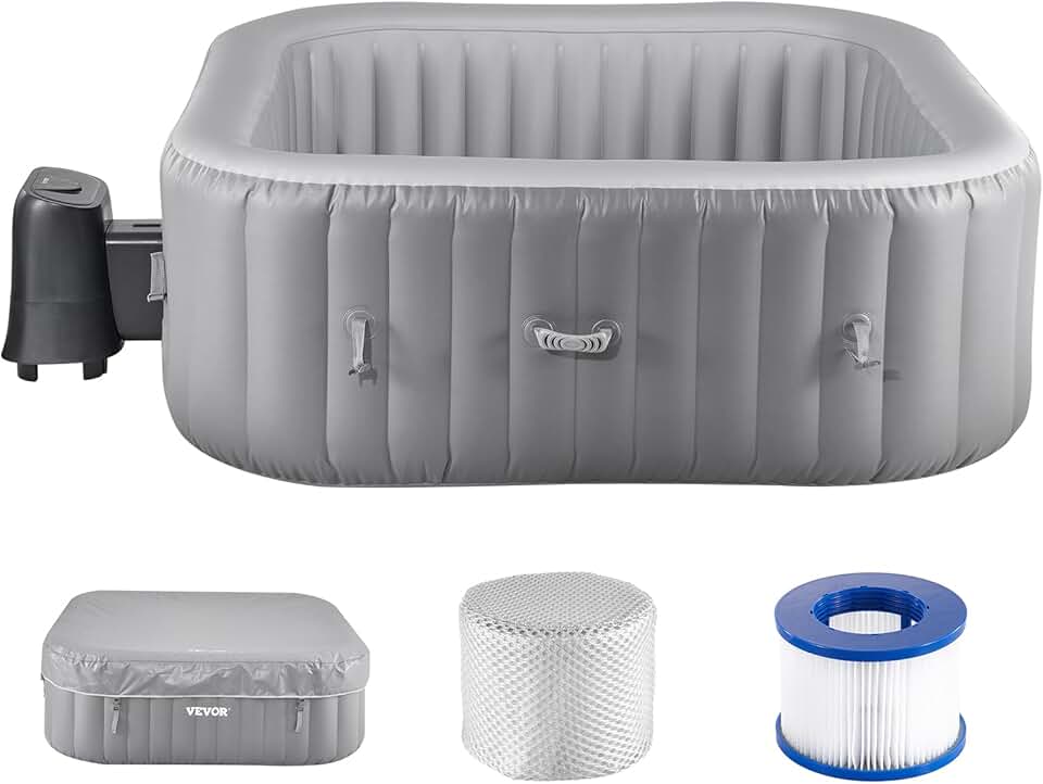 VEVOR Spa Gonflable Carré Capacité 4-6 Personnes, Bains à Remous d’Extérieur Portable 185x66 cm, avec 130 Jets Apaisants, Filtre, Couverture et Tapis, en PVC, Panneau de Commande Multifonction, Gris