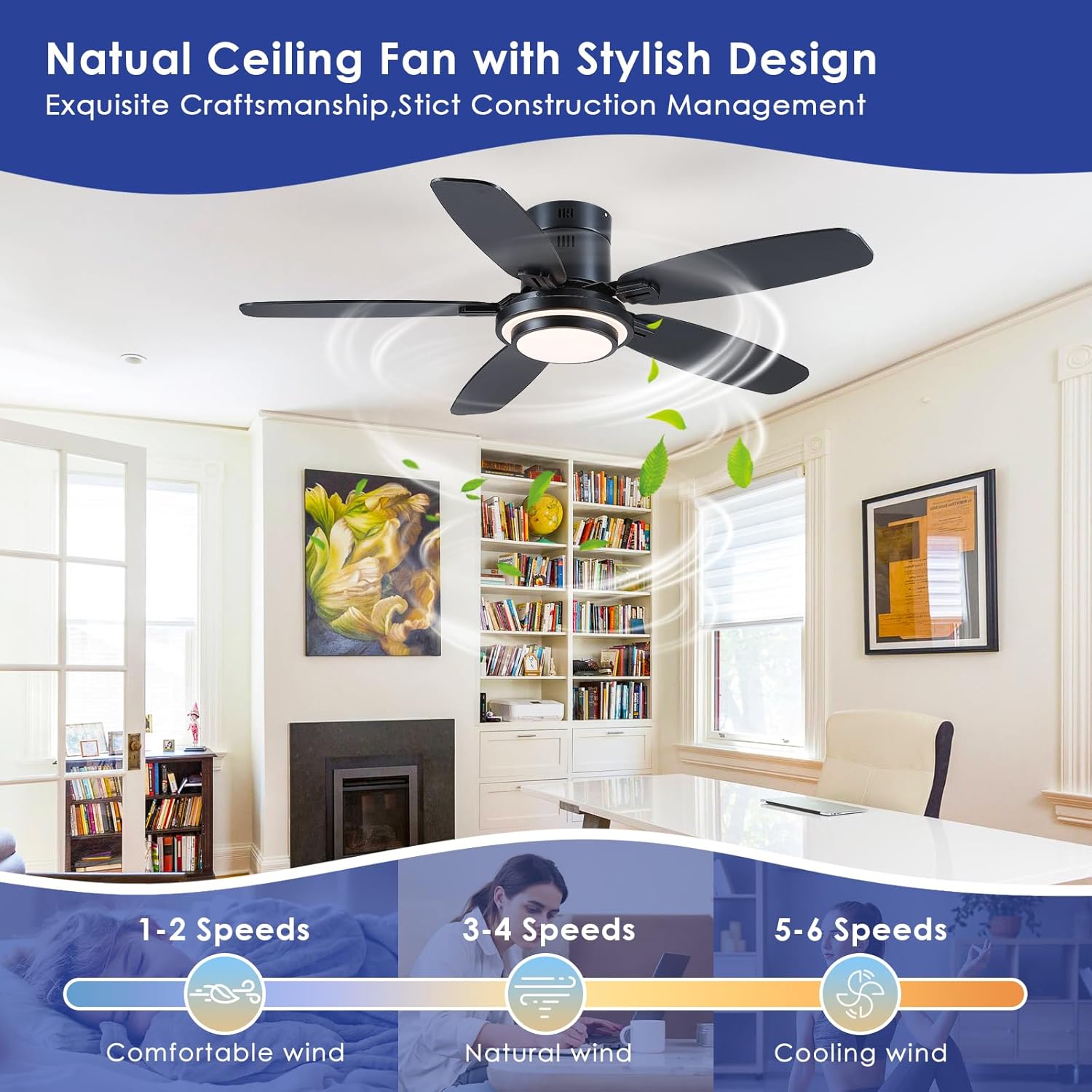Kviflon Ventilateur de Plafond avec Lumière 127 cm, Moteur DC Silencieux et Économe, Télécommande & Contrôle par App, 6 Vitesses, LED Dimmable, 3 Pales ABS, Design Moderne Noir pour Chambre et Salon